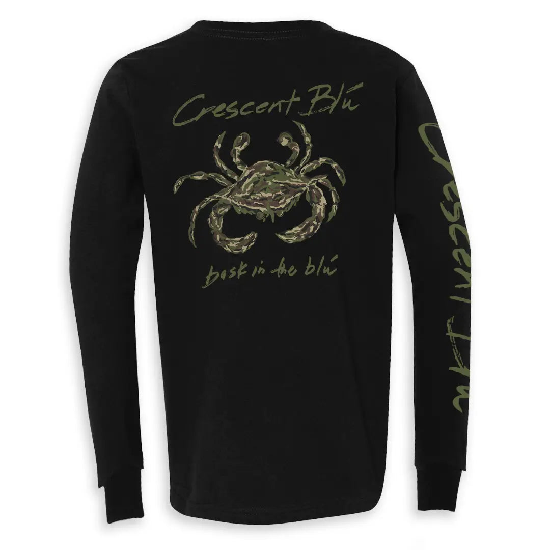 A youth long-sleeve t-shirt in black with a camo crab printed on the back and Crescent Blu on the right sleeve