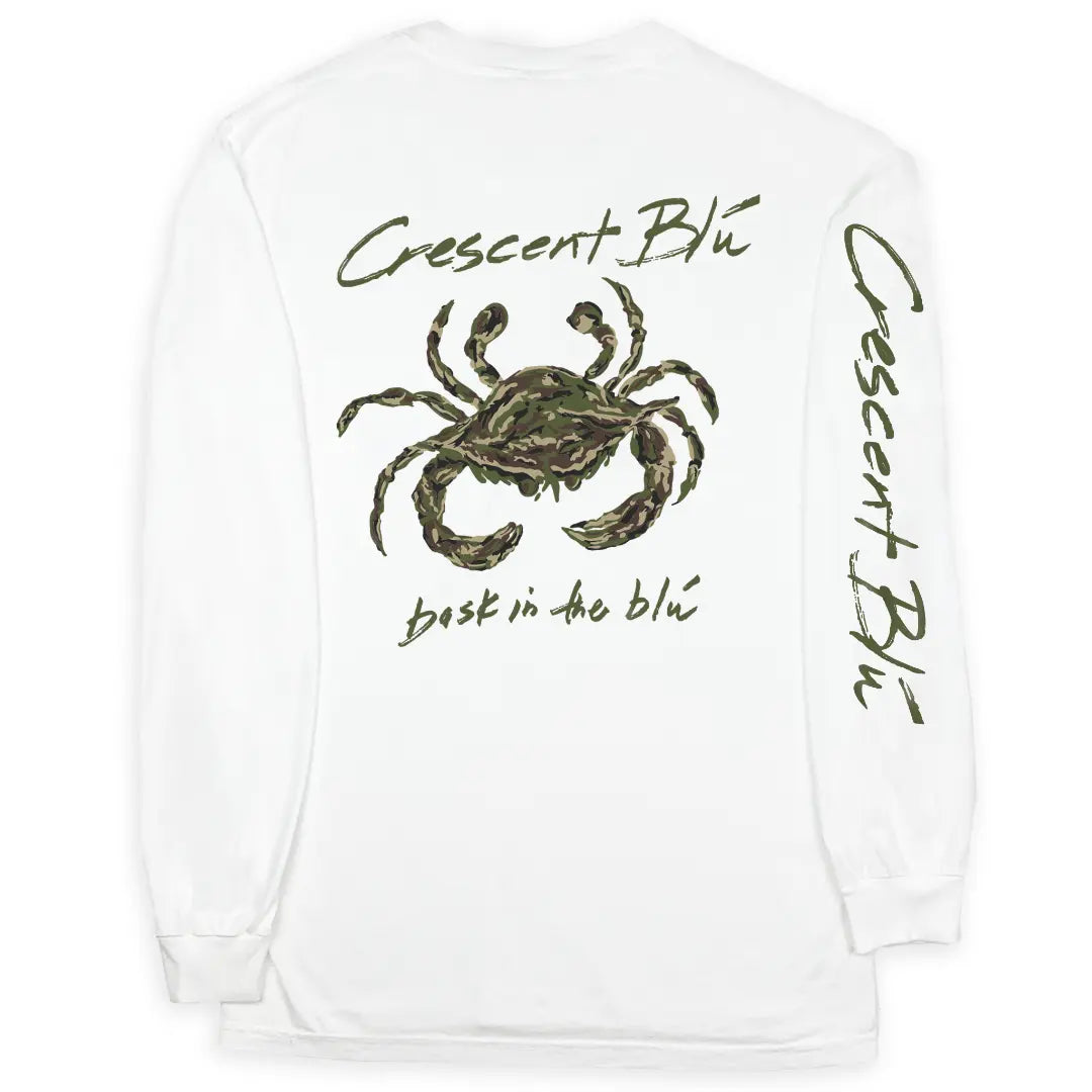 A white youth long-sleeve t-shirt with crescent blú’s camo crab design on the back and Crescent Blu written on the right sleeve