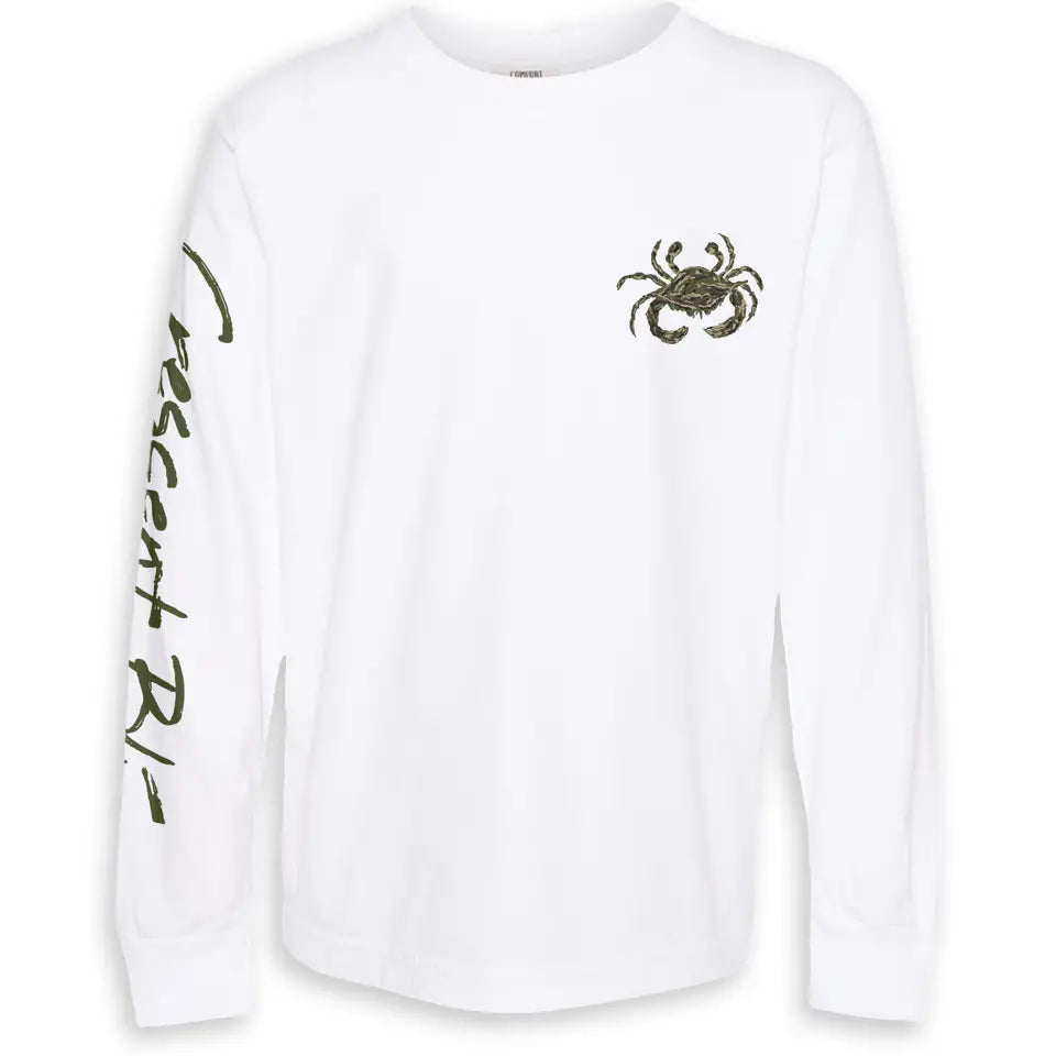 Youth white long-sleeve t-shirt showing with a camouflage crab graphic on the front and Crescent Blu on the right sleeve