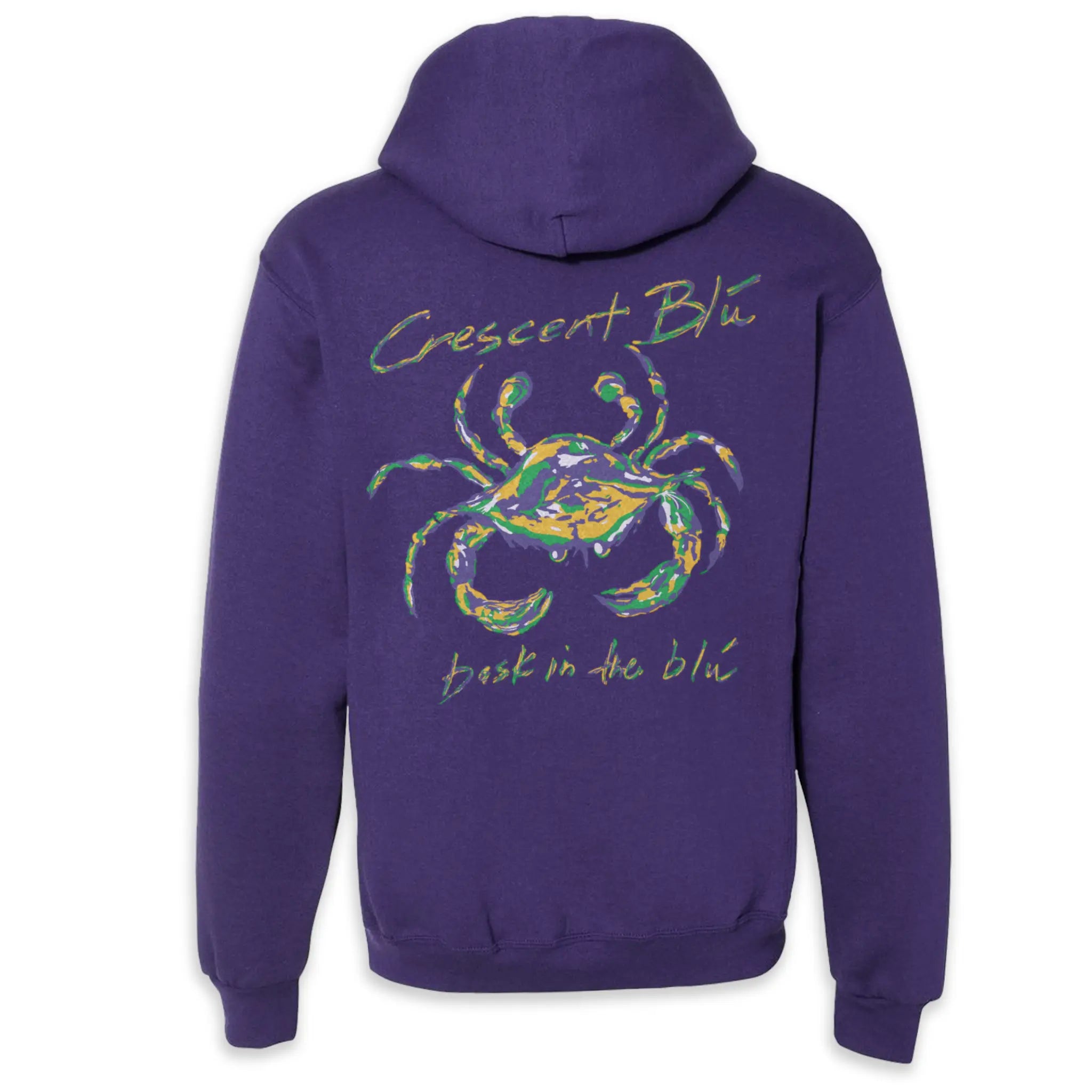 Back view of purple Crescent Blú Mardi Gras Hoodie with festive crab print