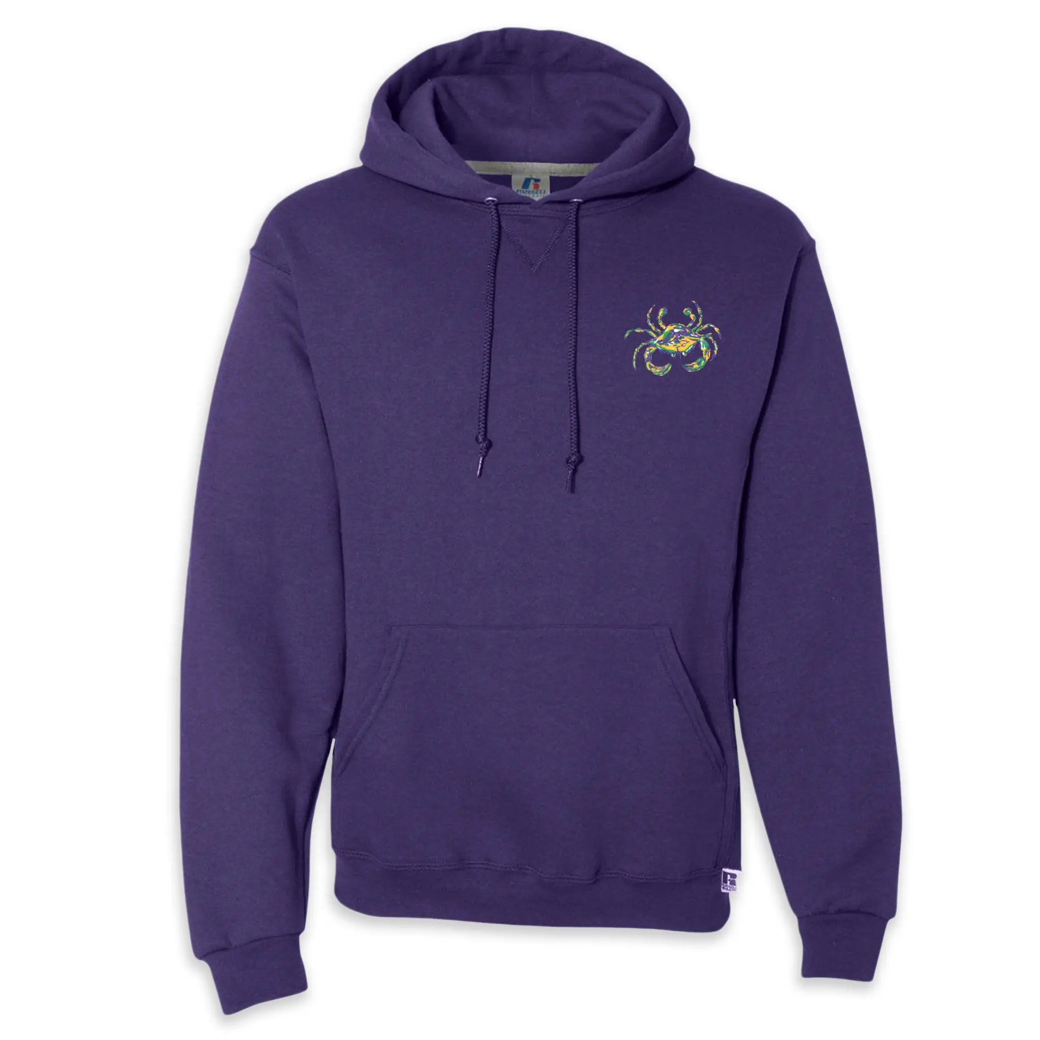 Front view of purple Crescent Blú Mardi Gras Hoodie with crab design