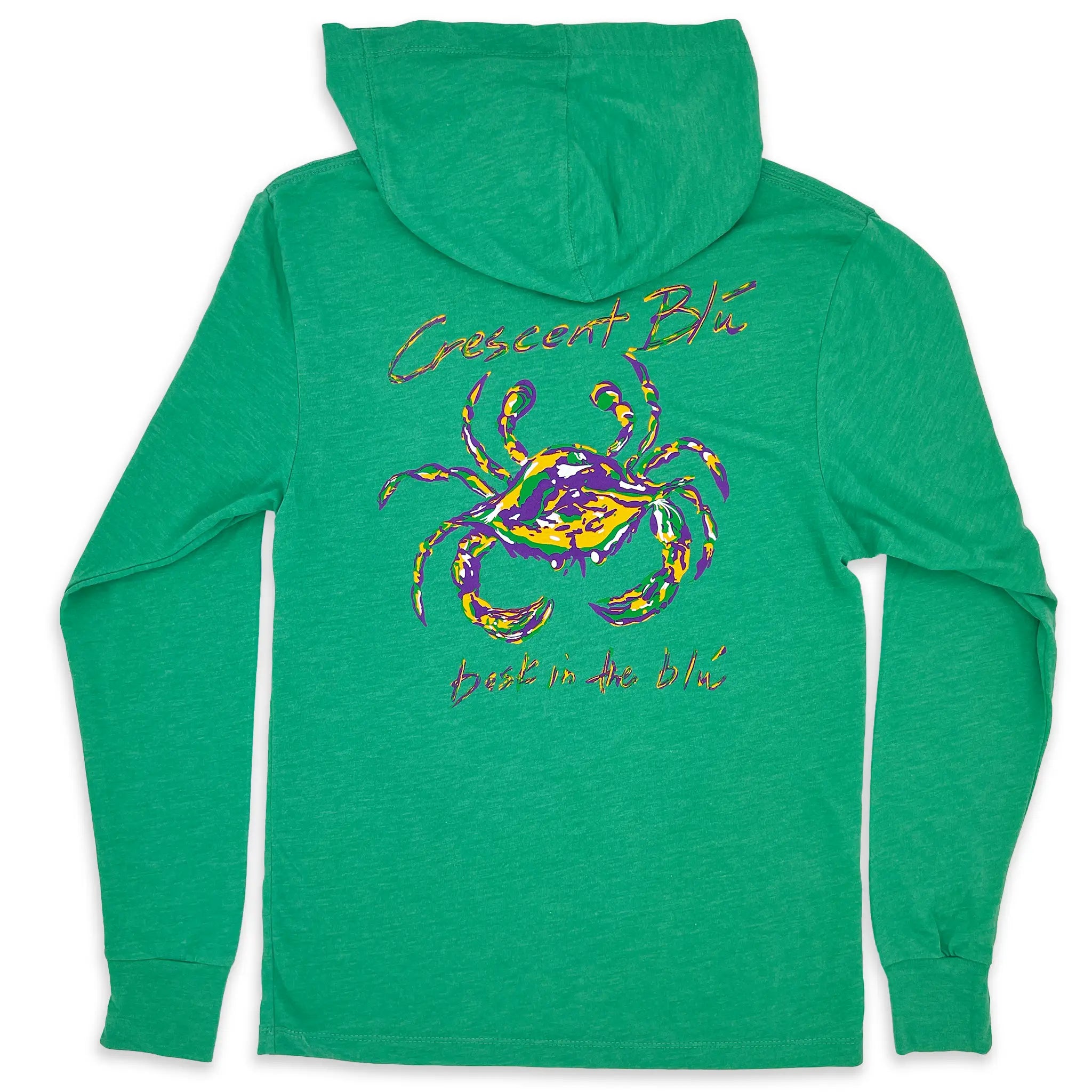 Back of a green Mardi Gras hoodie t-shirt with Crescent Blú’s full-size crab artwork