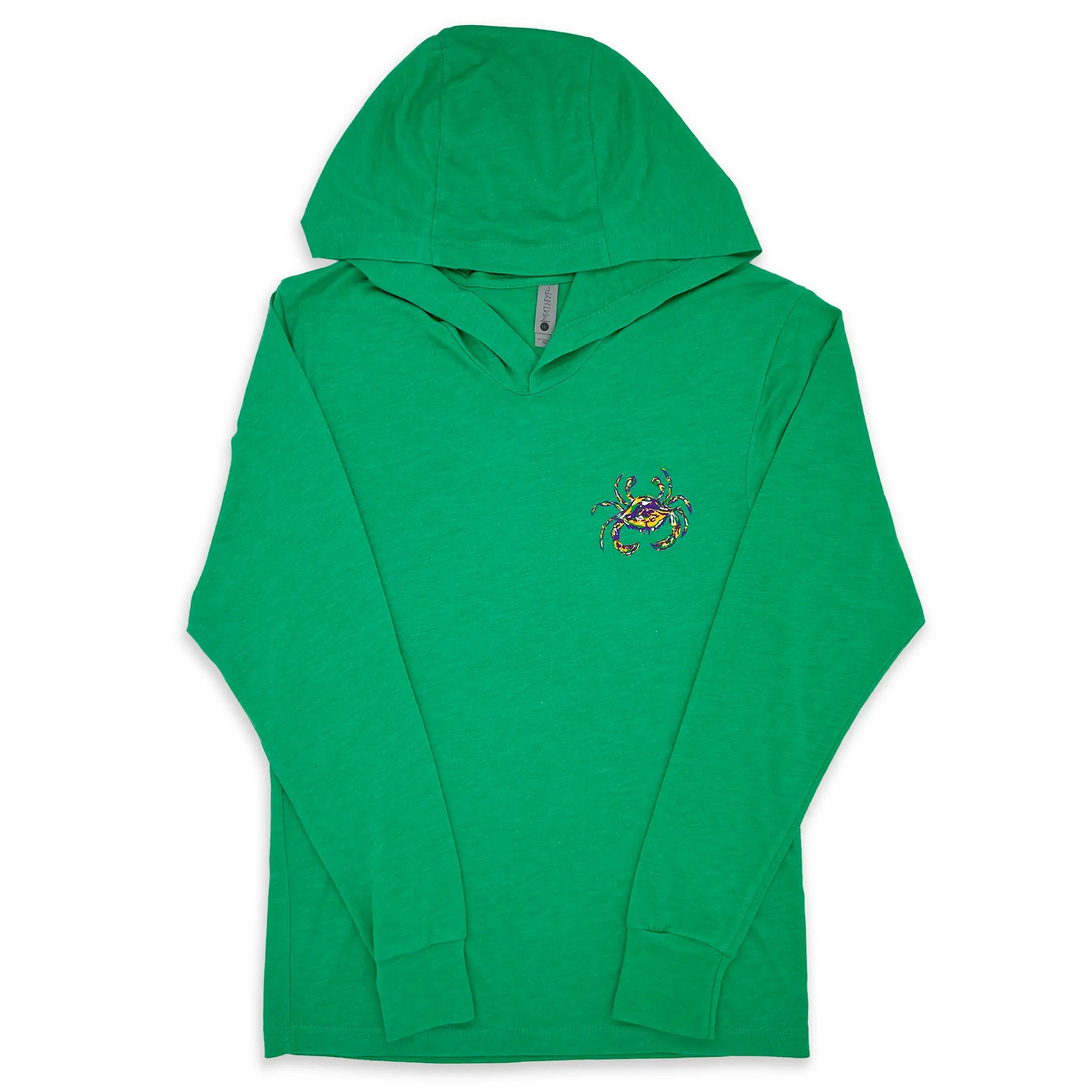 Green long sleeve Mardi Gras hoodie t-shirt with a front chest crab logo and hood