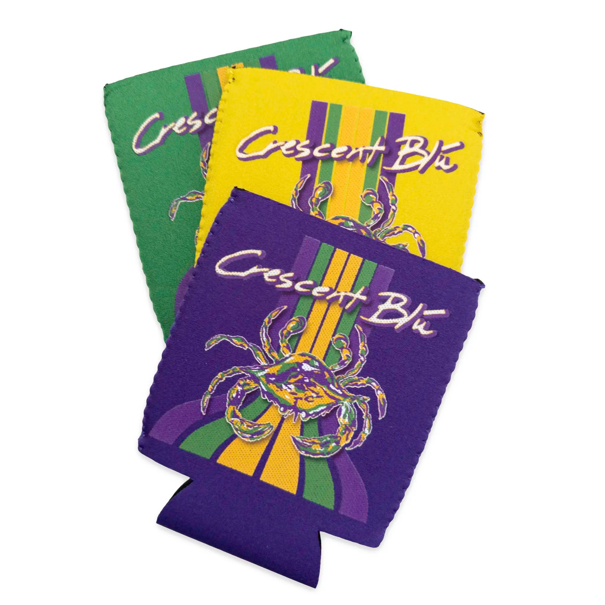 Three can coolers with 'Crescent Blu' branding and a Mardi Gras crab design on a white background.
