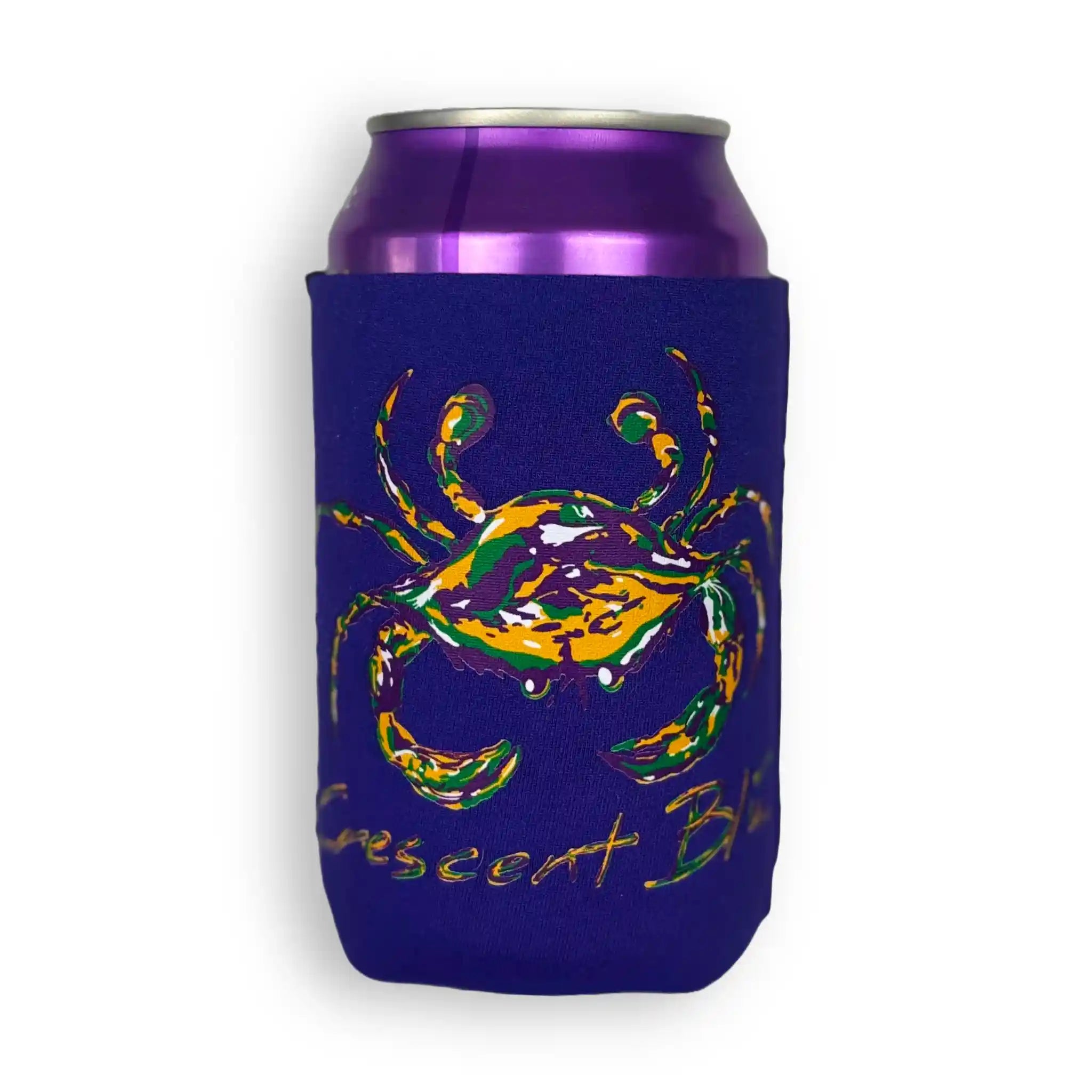 Purple Mardi Gras Can Cooler on 12 oz can – Crescent Blú Crab design