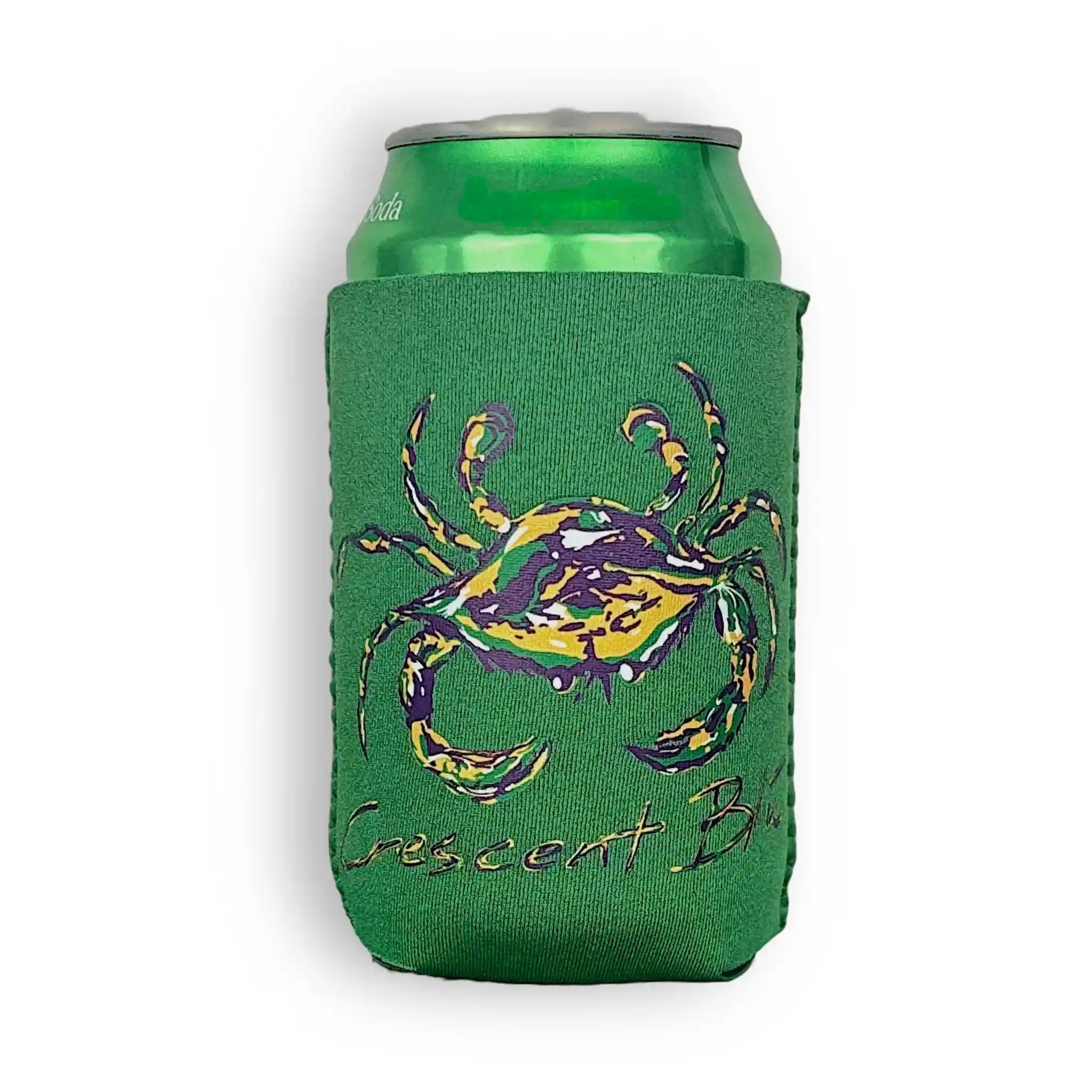 Green neoprene Crescent Blú Can Cooler – Fitted on standard can