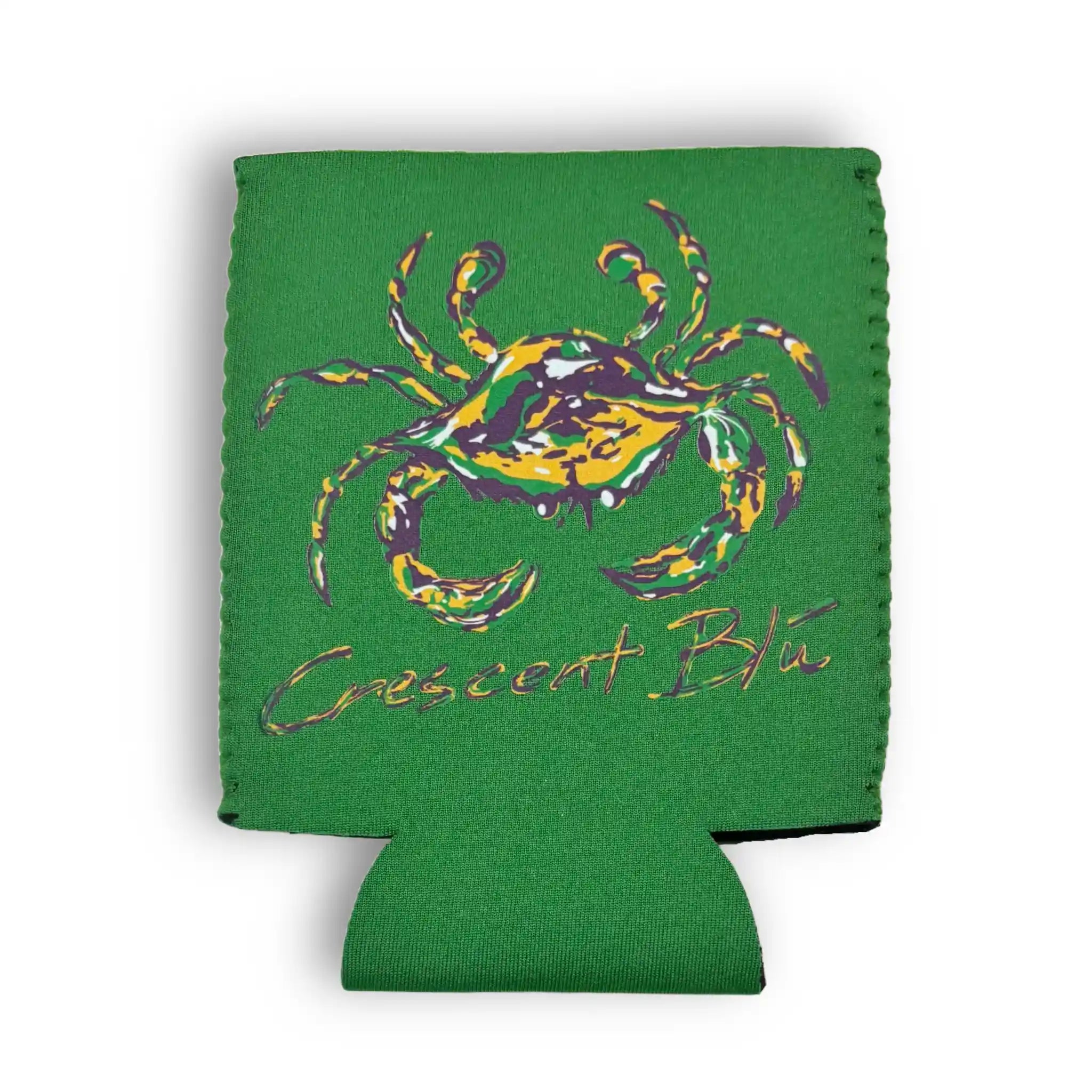 Green Mardi Gras Crab Can Cooler – Neoprene drink sleeve with festive crab print.