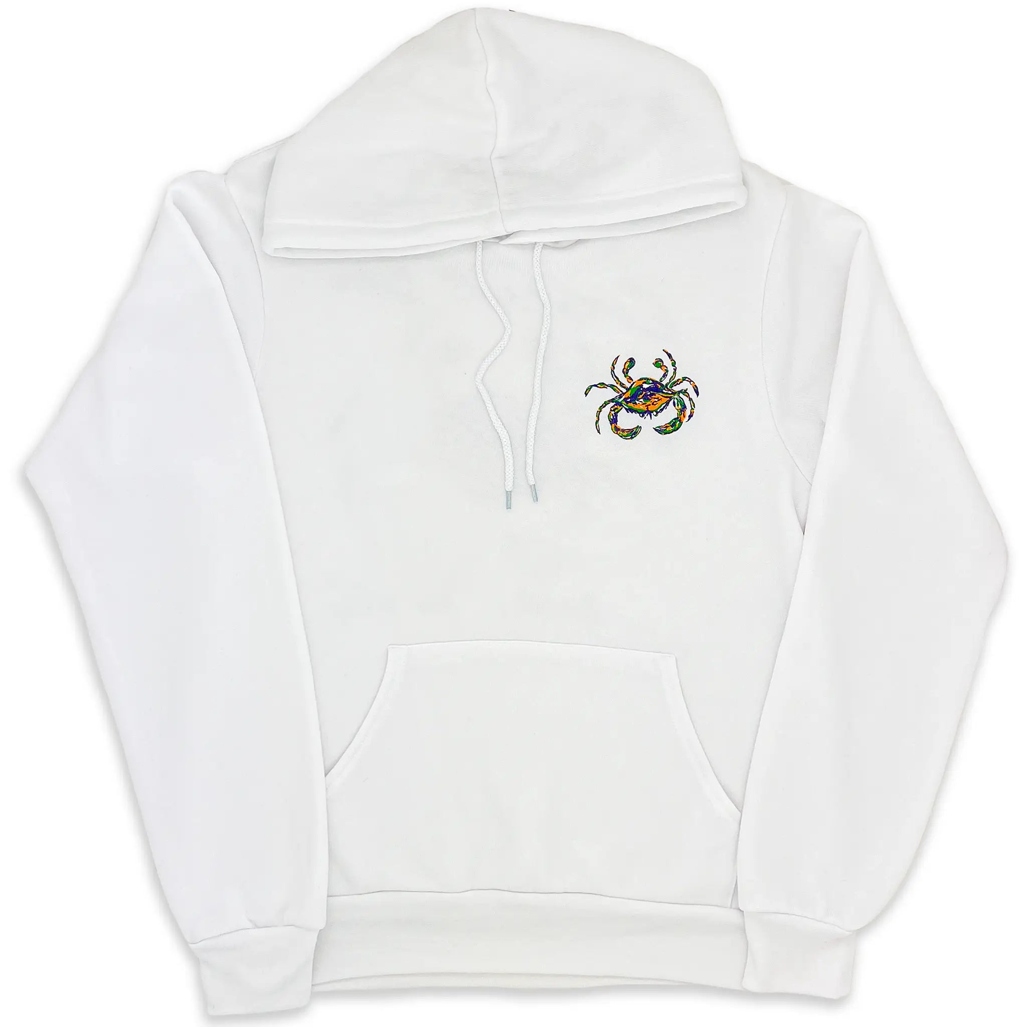 Front view of a white Mardi Gras sweatshirt with a kangaroo pouch, hood, drawcord and a Mardi Gras Crab hoodie sweatshirt on the left chest.
