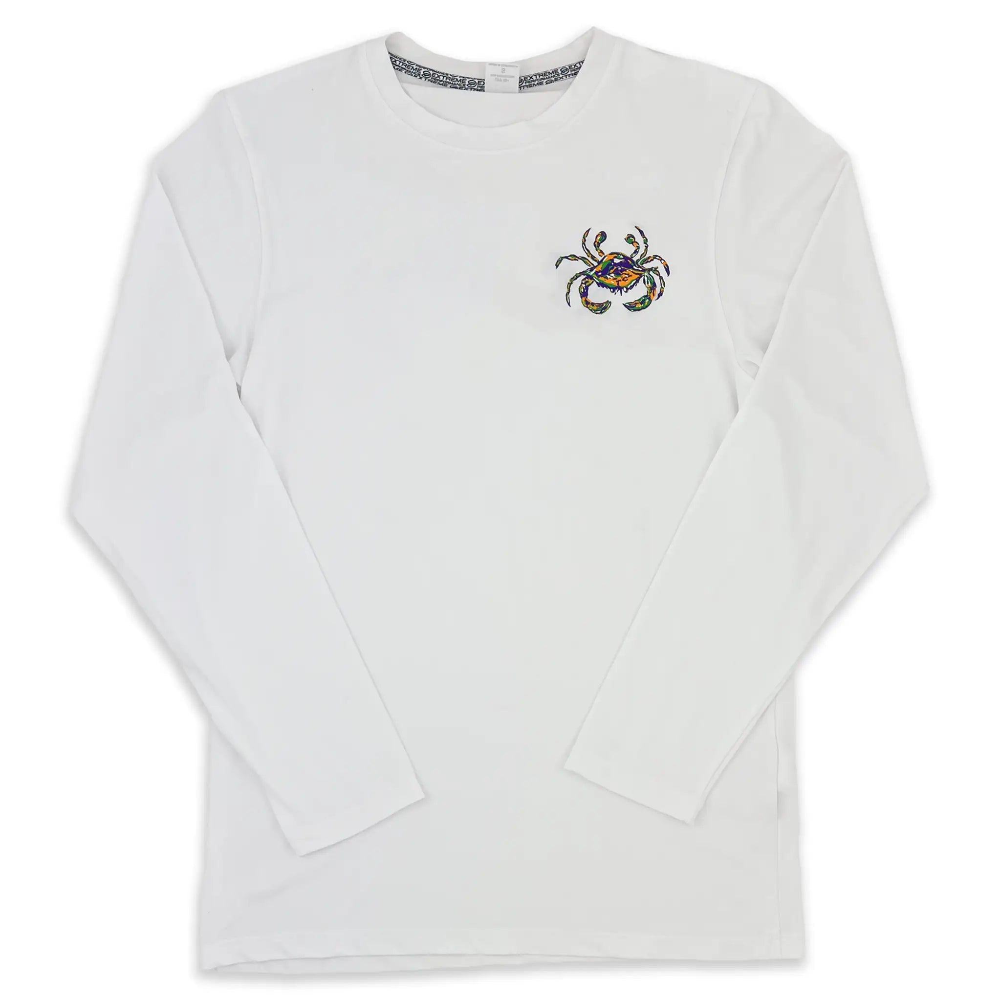 The front of a white long sleeve Mardi Gras tee shirt with a purple, green, and gold colored crab on the left chest. 