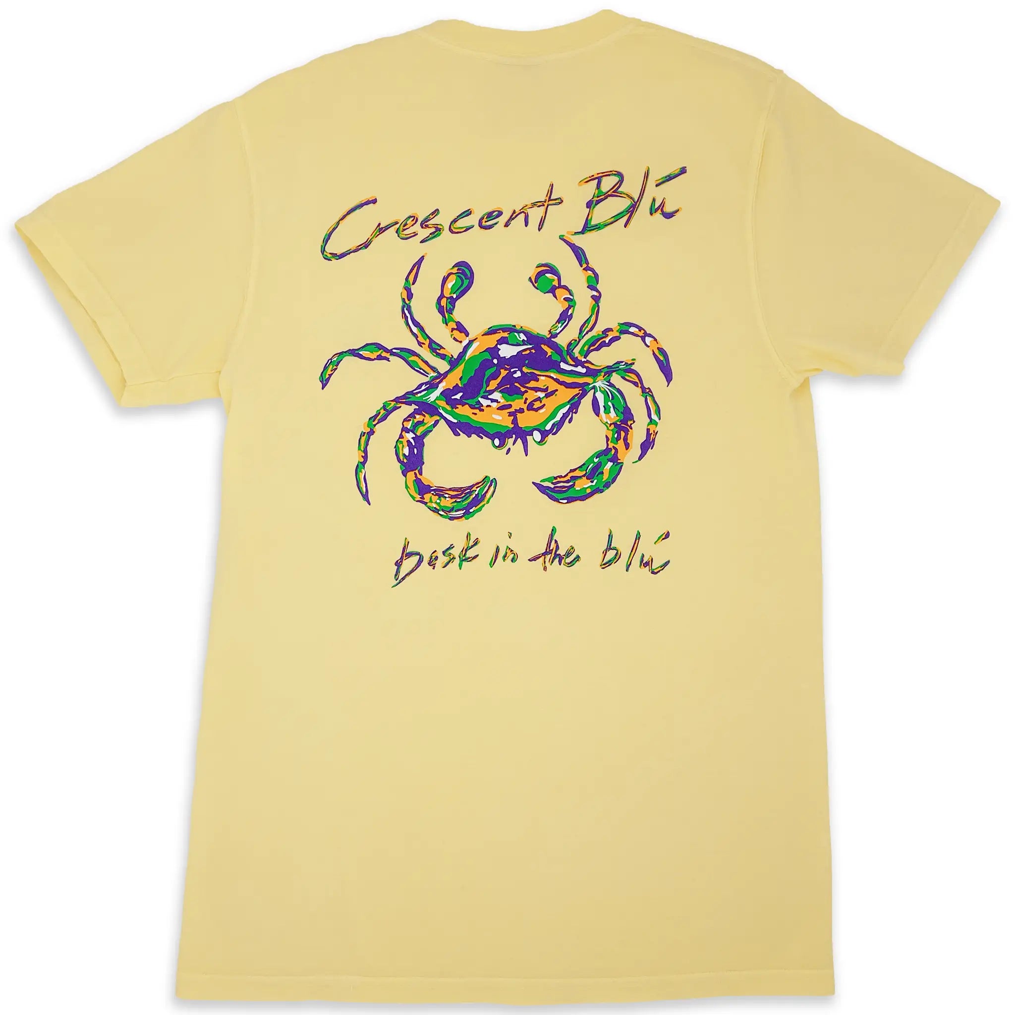 Crescent Blu Mardi Gras shirt in butter yellow with the mardi gras crab on the back. 