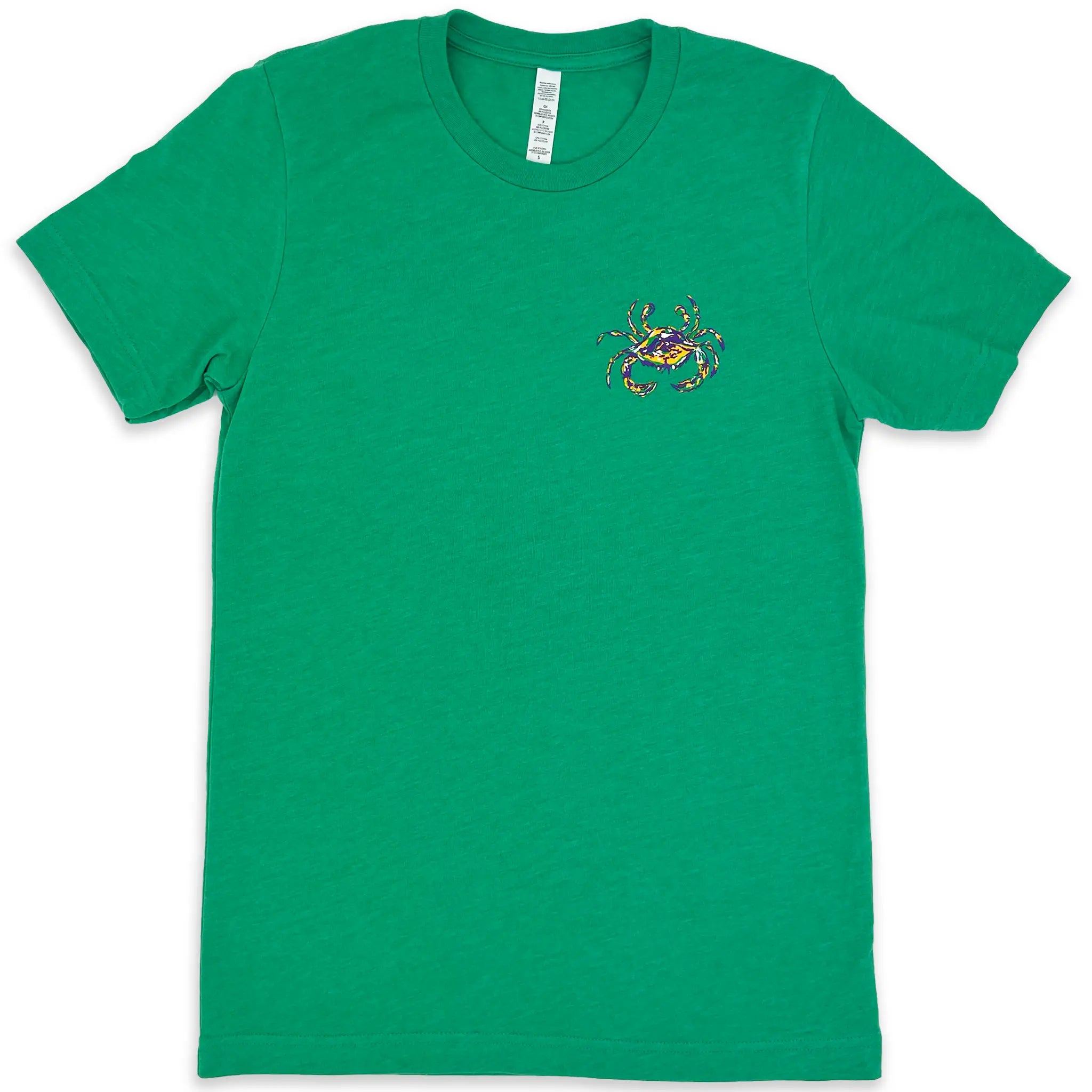 Front of a light green Crescent Blú Mardi Gras tee with subtle left chest crab logo in signature Carnival colors