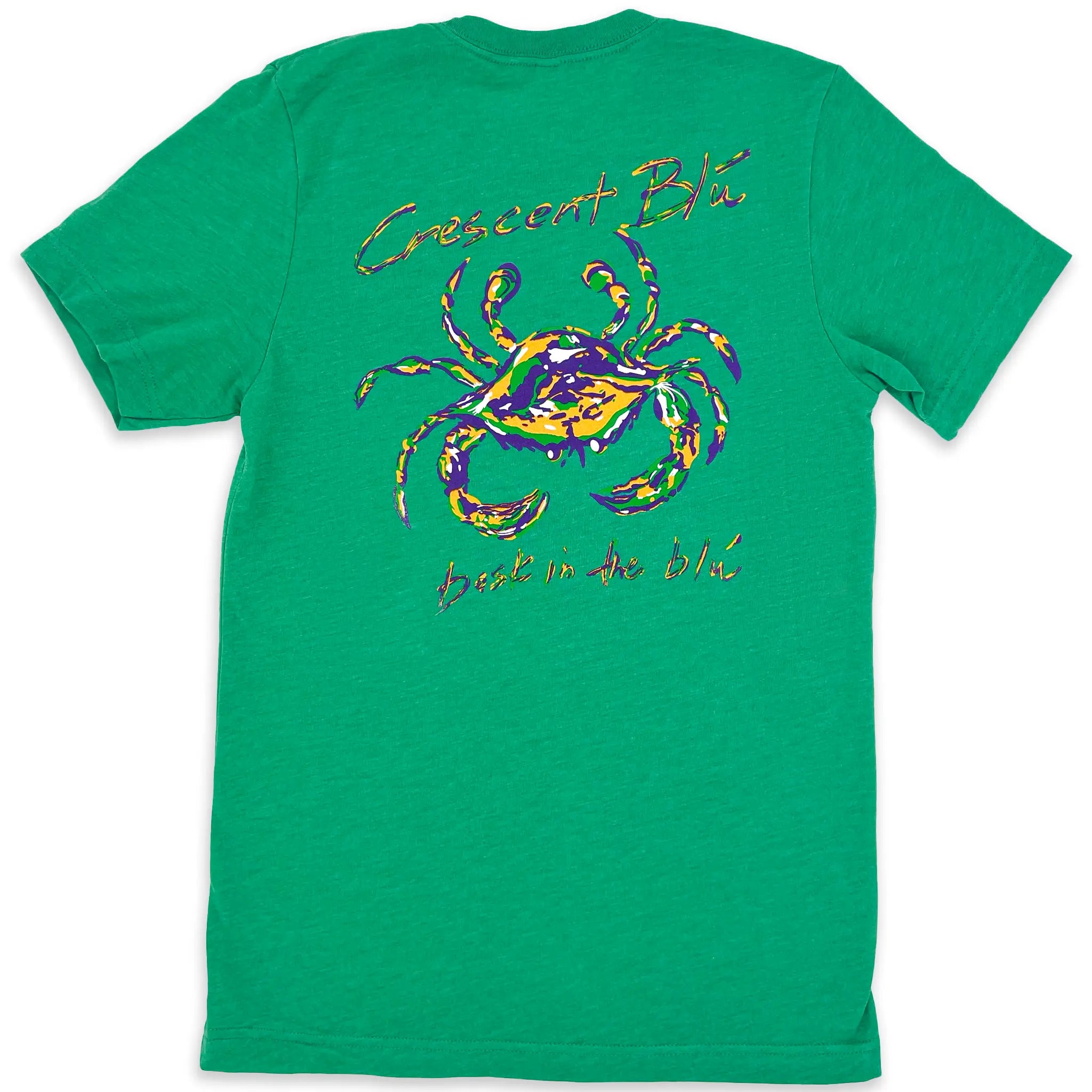 Heather Kelly cotton blend Mardi Gras t-shirt with a large Crescent Blú crab centered on the back.