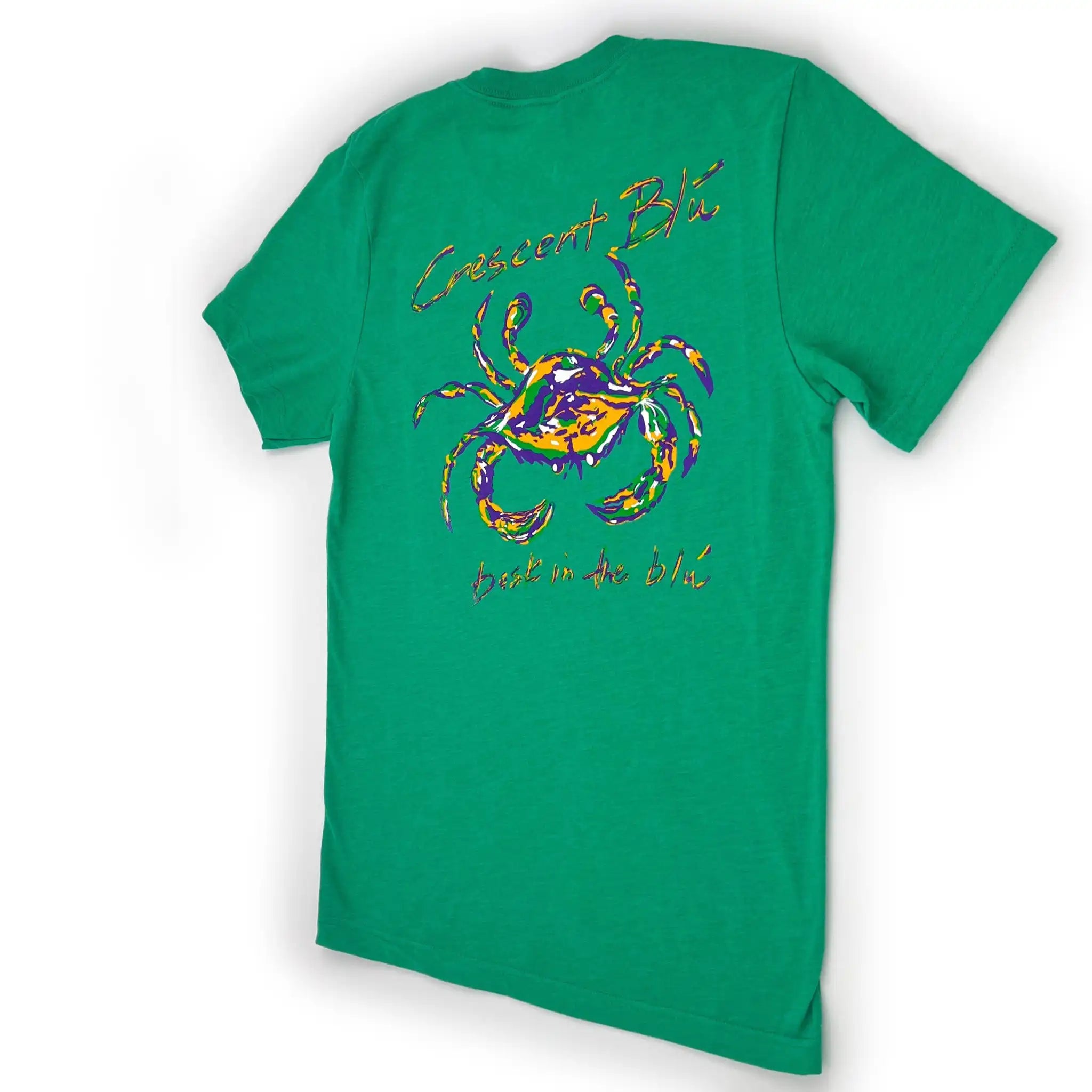Adult Mardi Gras t-shirt in heather kelly with Crescent Blú’s Mardi Gras Crab artwork screen printed on the back.
