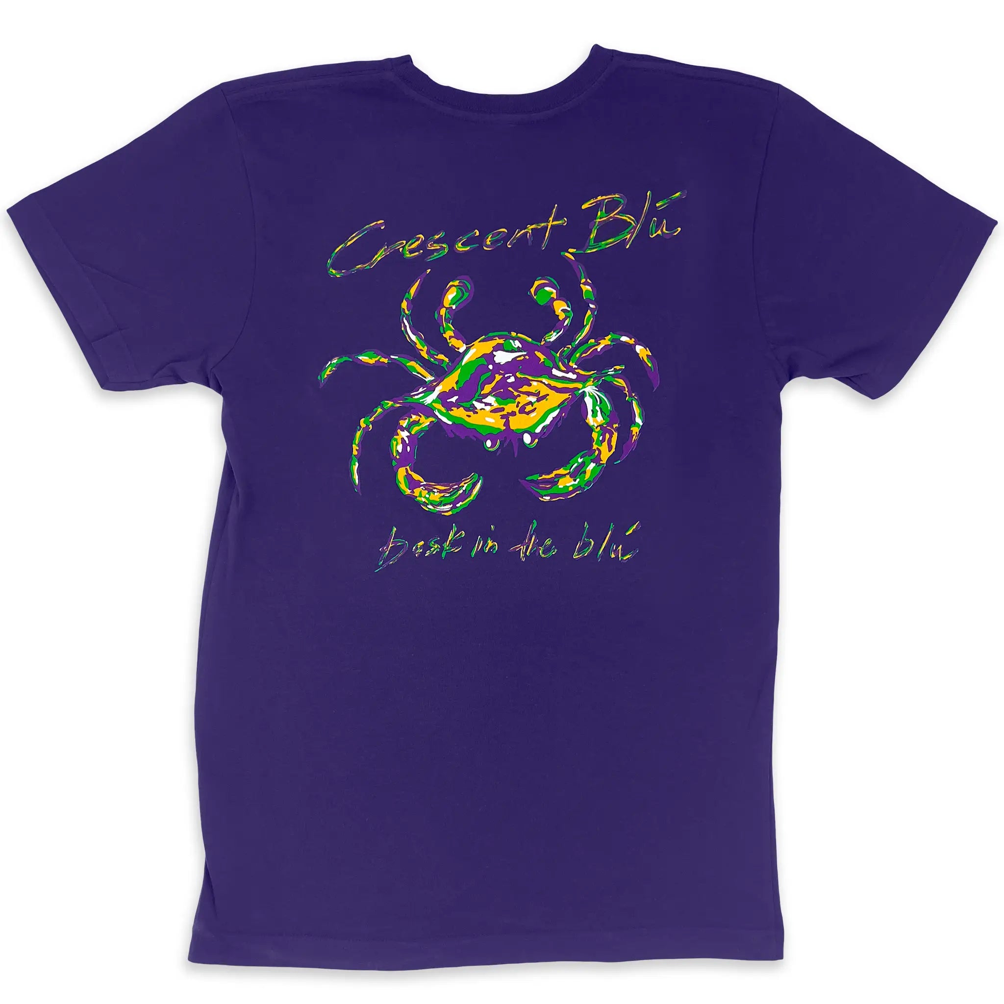 The a purple short sleeve Mardi Gras tee shirt with a purple, green, and gold crab centered the back