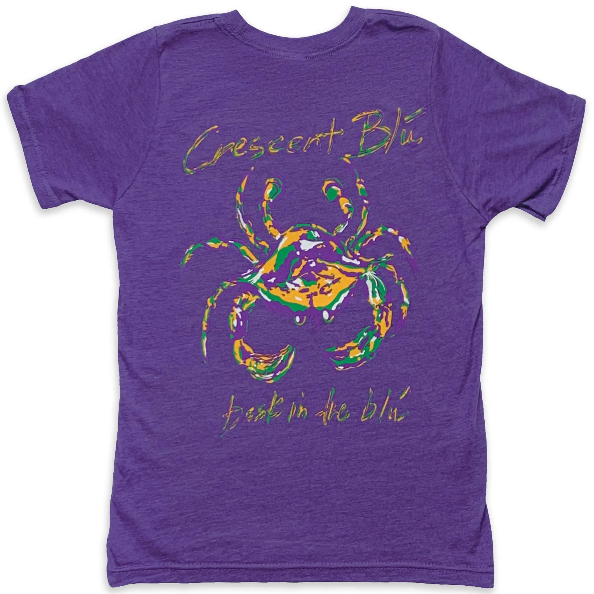 Large Mardi Gras Crab design printed on the back of a purple short sleeve Crescent Blú cotton blend shirt