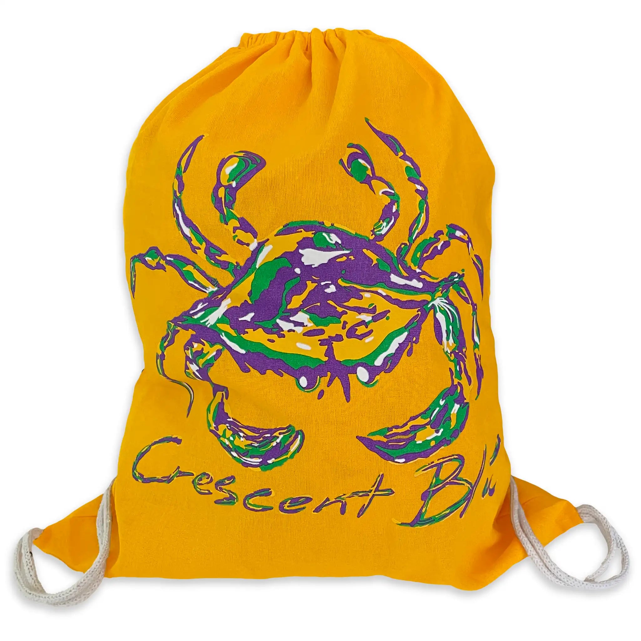 Gold drawstring backpack with a Mardi Gras Crab  and the words, Crescent Blú  written under it in try-color purple, green and gold. 