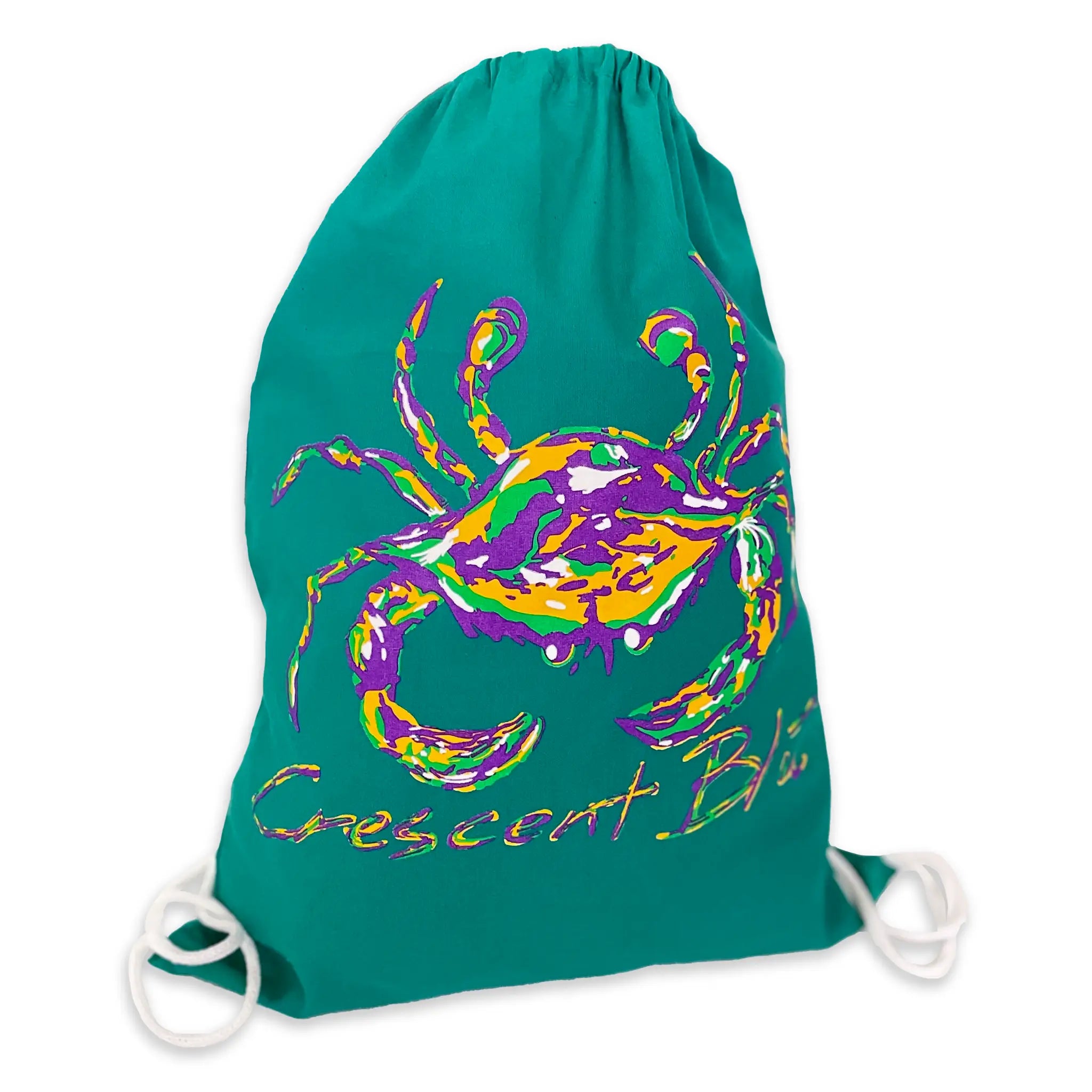 A Mardi Gras colored crab is on the front of a stuffed green drawstring bag with white contrasting drawstring cords.