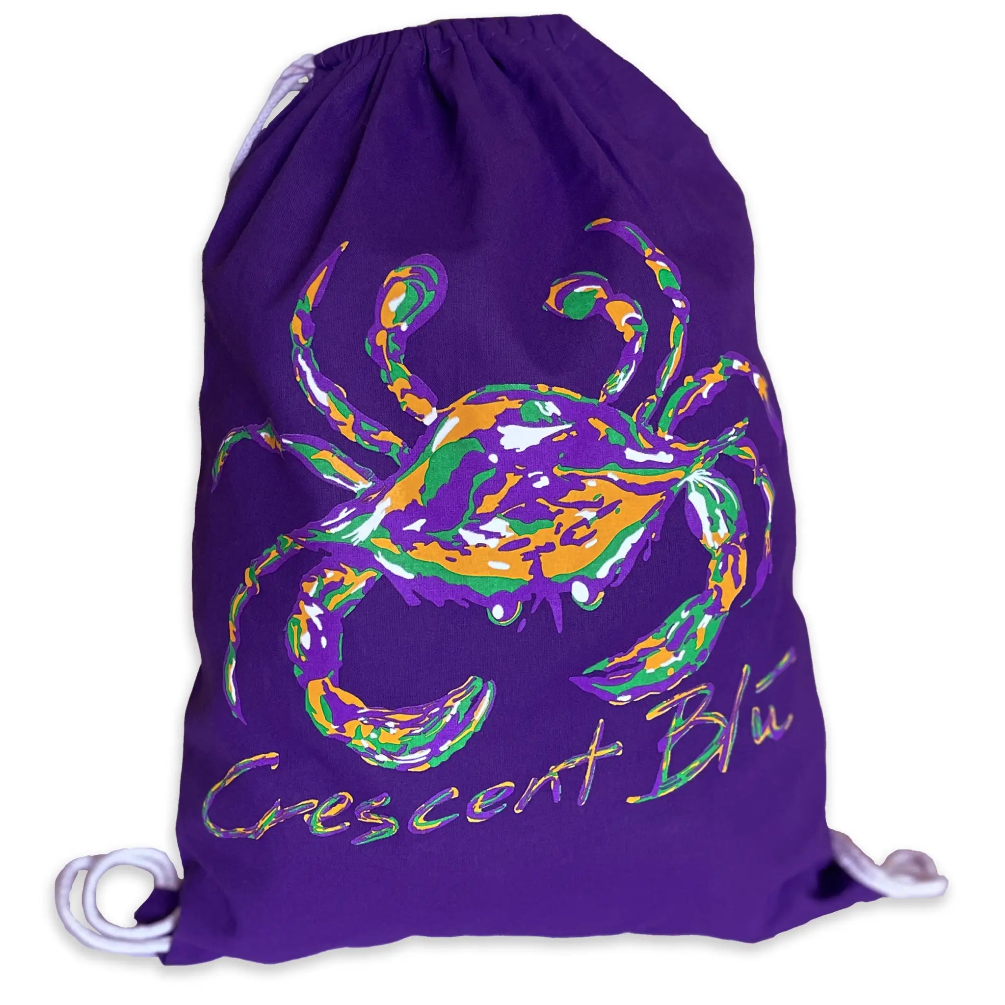 A purple drawstring bag with a Mardi Gras Crab on the front with Crescent Blú written in purple, green, and gold.