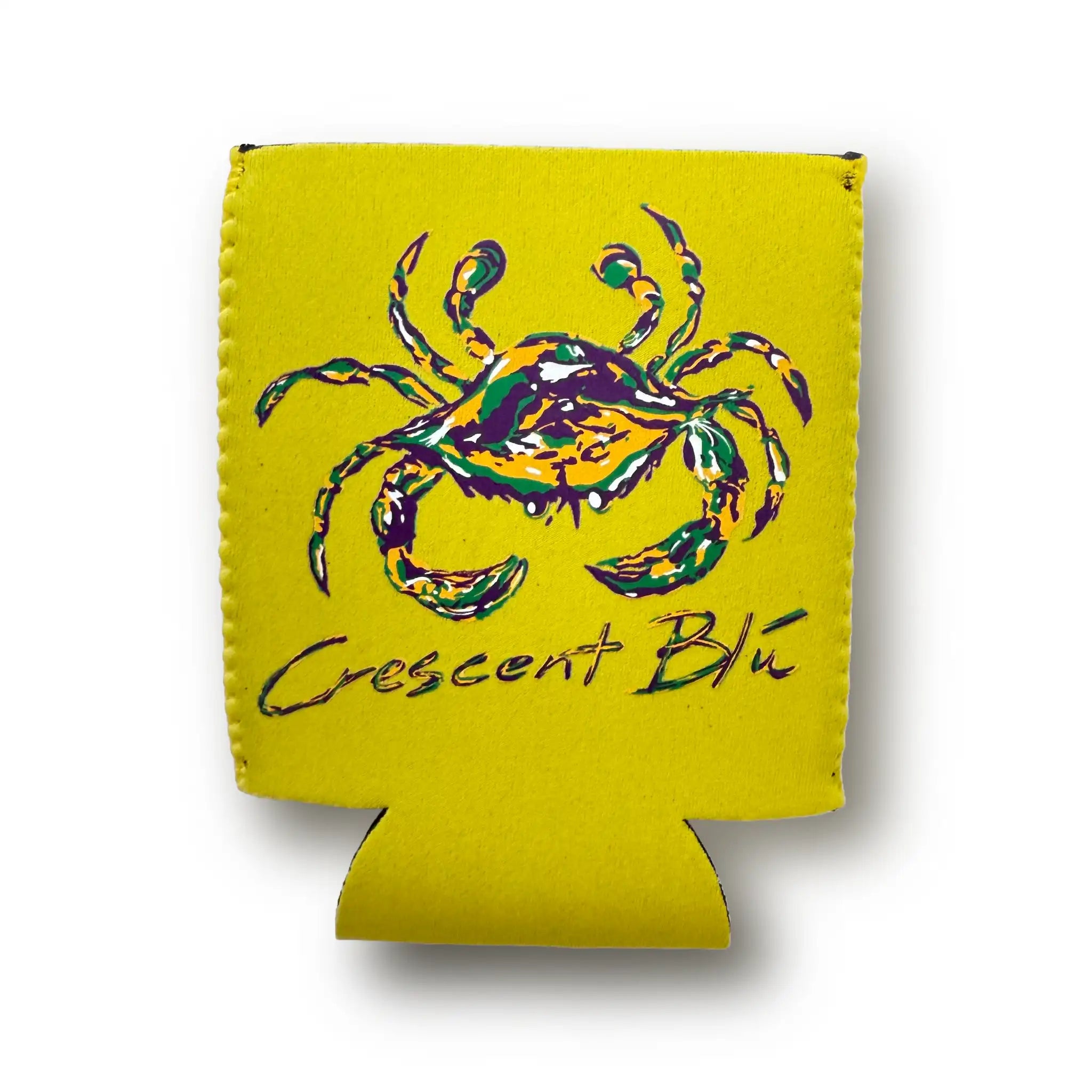 Yellow Mardi Gras Can Cooler – 100% neoprene drink sleeve with crab artwork