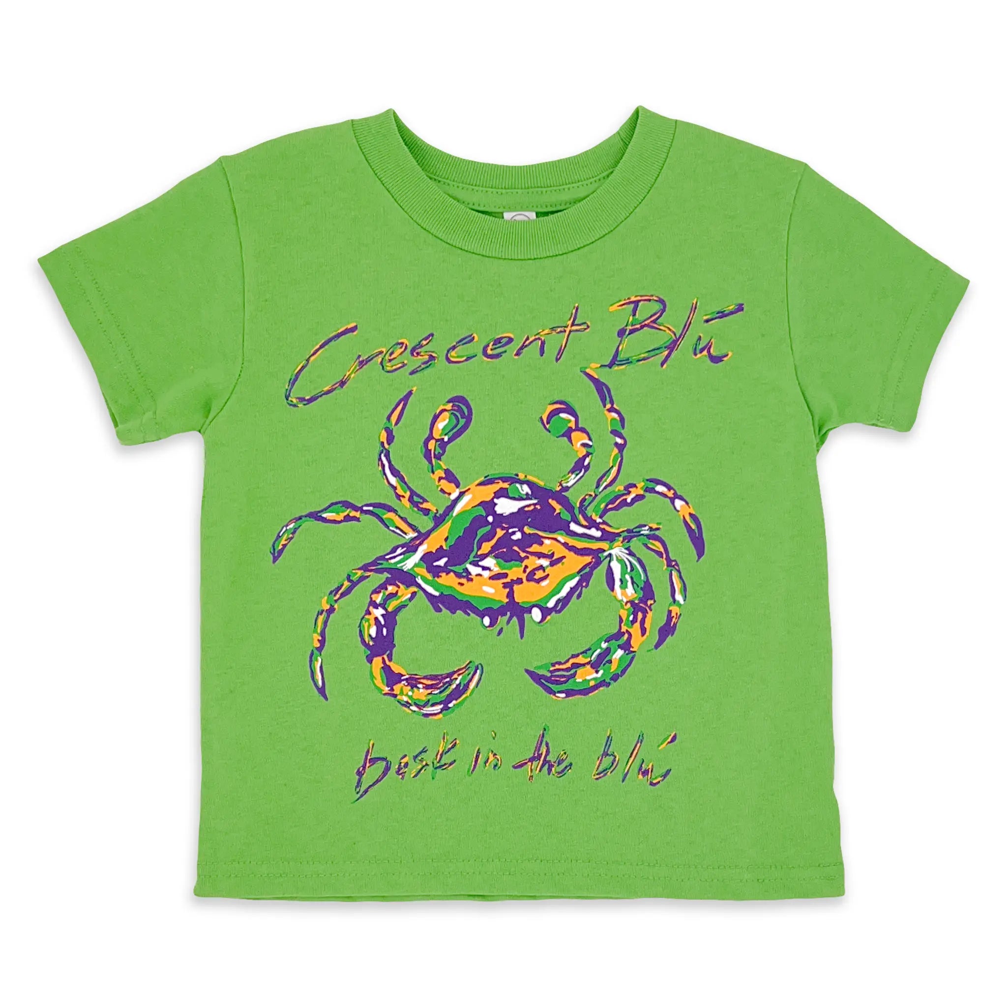 Apple green toddler Mardi Gras shirt with colorful Crescent Blú crab on front.