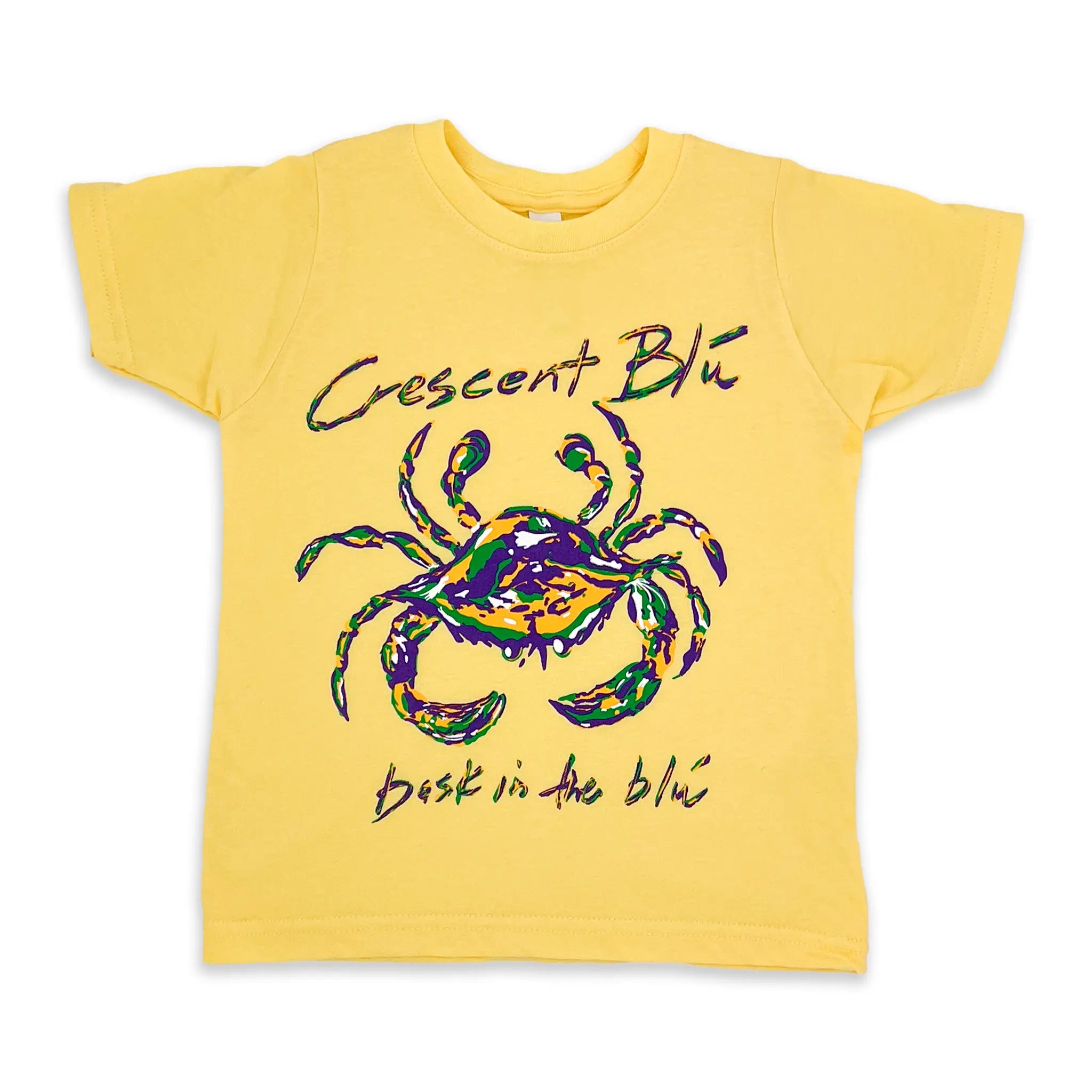 A toddler Mardi Gras shirt in Butter Yellow with a large Signature Crab design on the front.