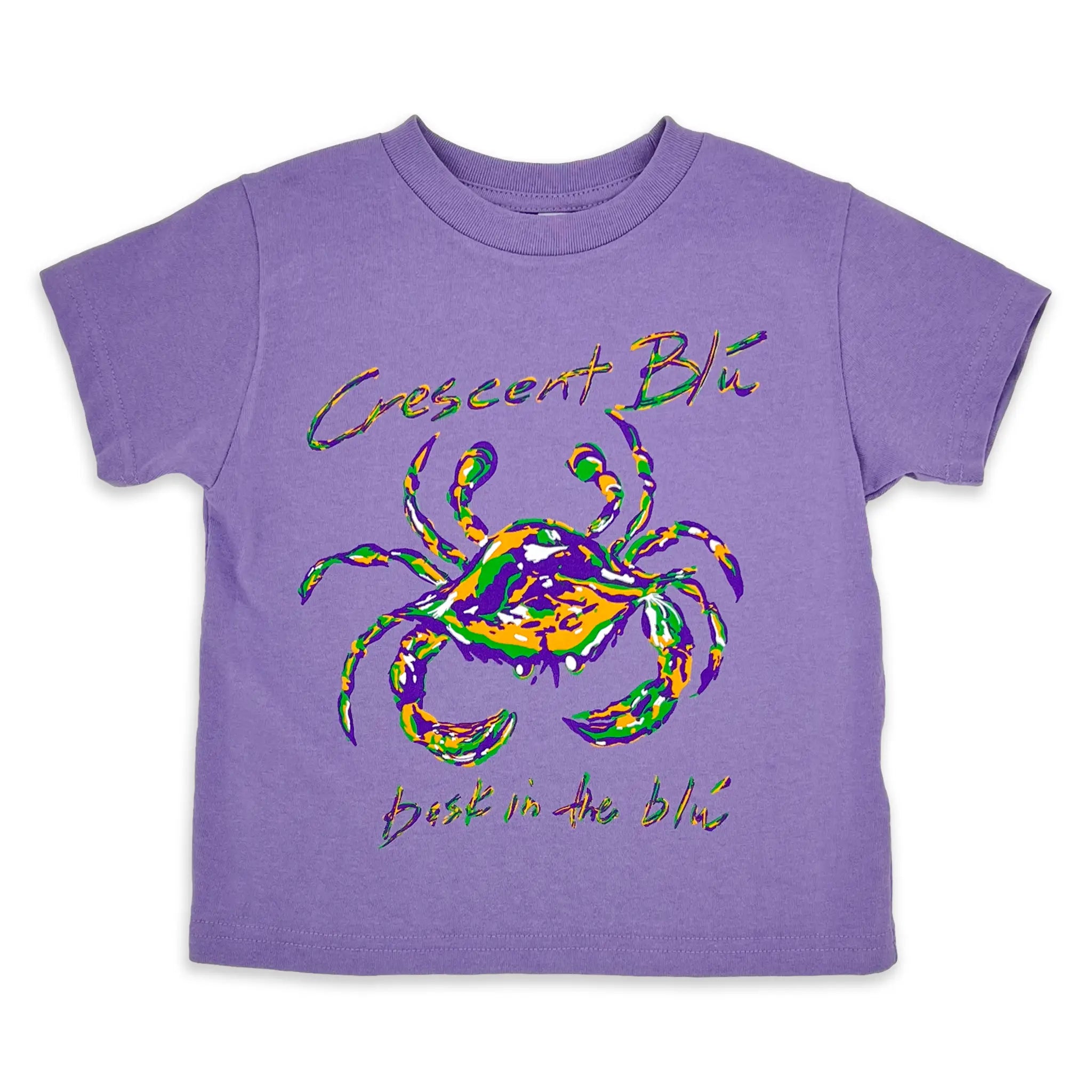Lavender Mardi Gras toddler shirt featuring a bold front crab design.