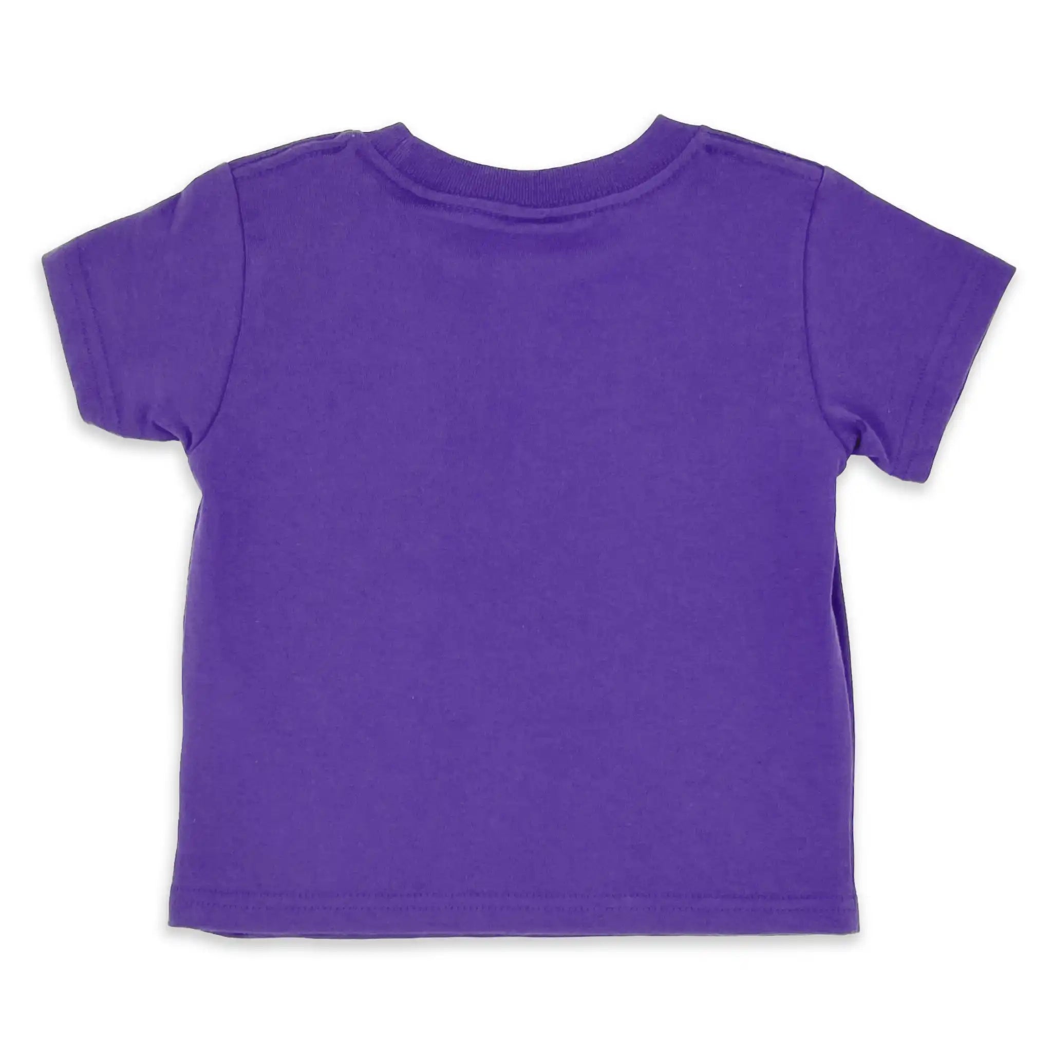 Back view of a purple toddler short sleeve tee in soft cotton.