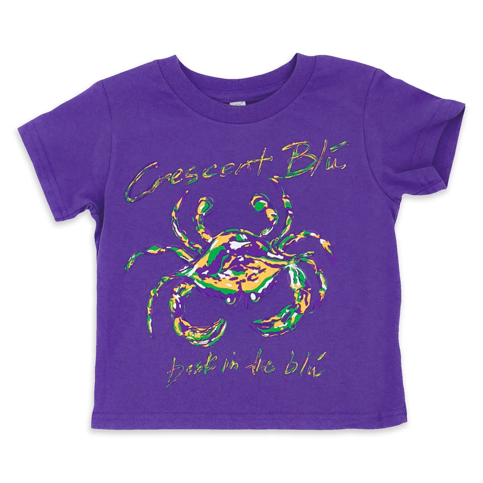 Purple toddler Mardi Gras t-shirt with the Crescent Blú crab printed across the chest.