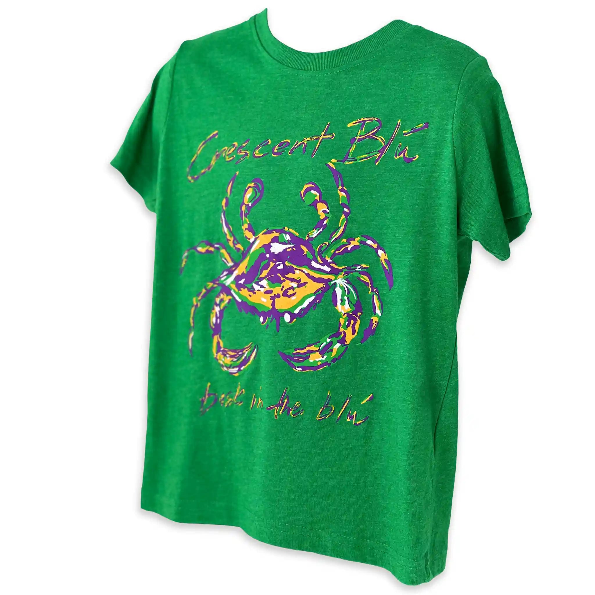 Toddler Mardi Gras shirt in Vintage Green with full front crab artwork.