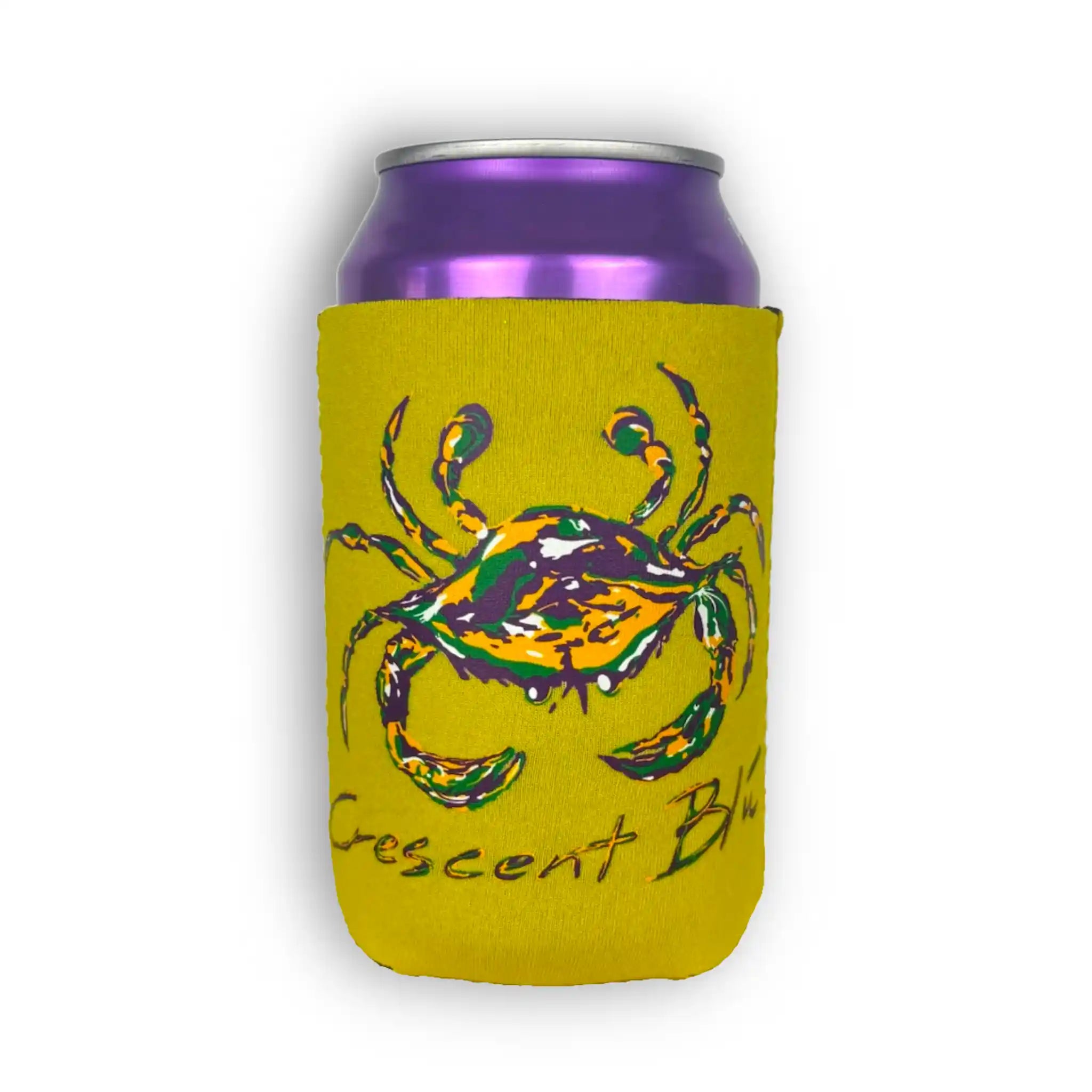 Yellow Mardi Gras Can Cooler on a purple 12 oz can .
