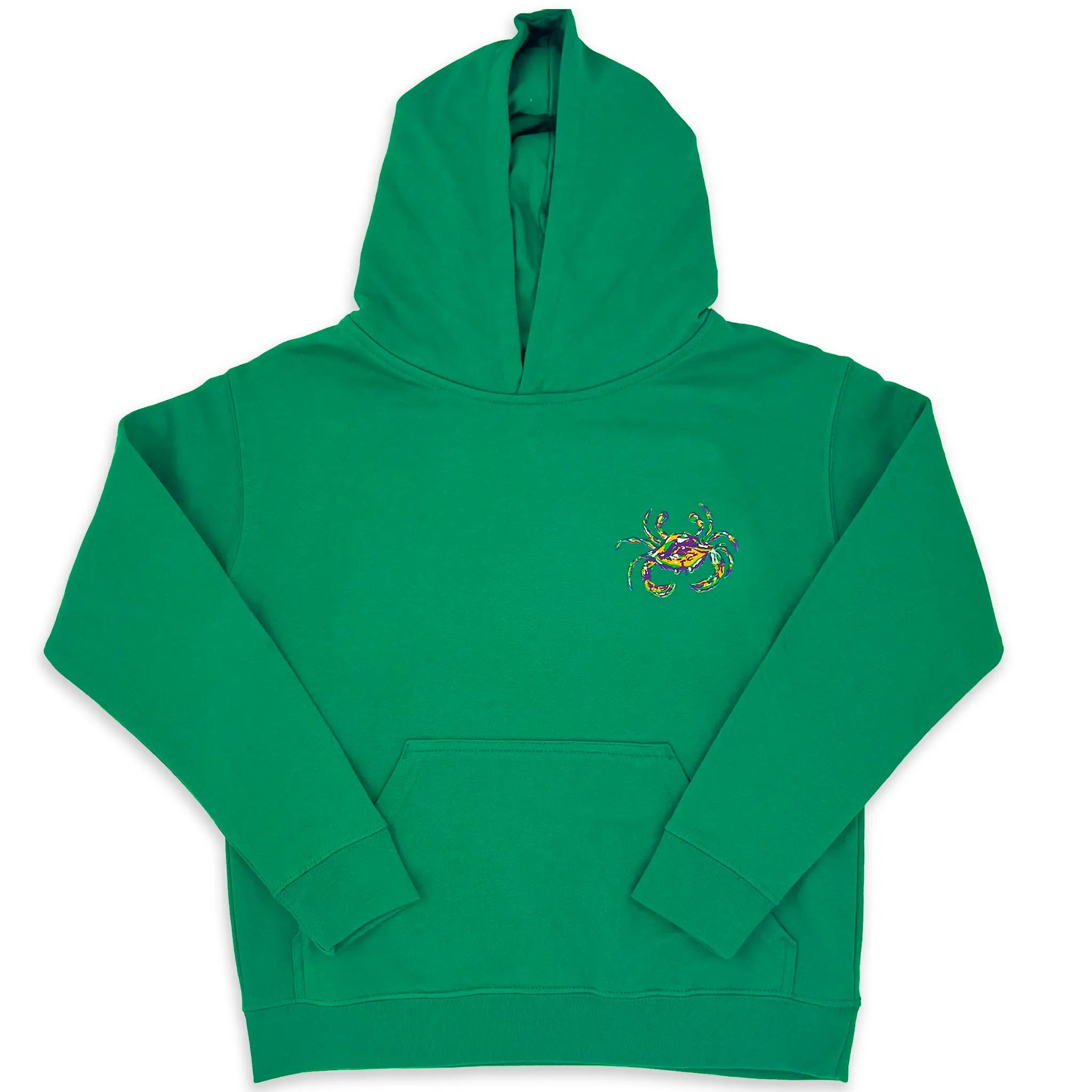 The front of a kids green hoodie sweatshirt with a Mardi Gras crab on the front and a kangaroo pouch. 