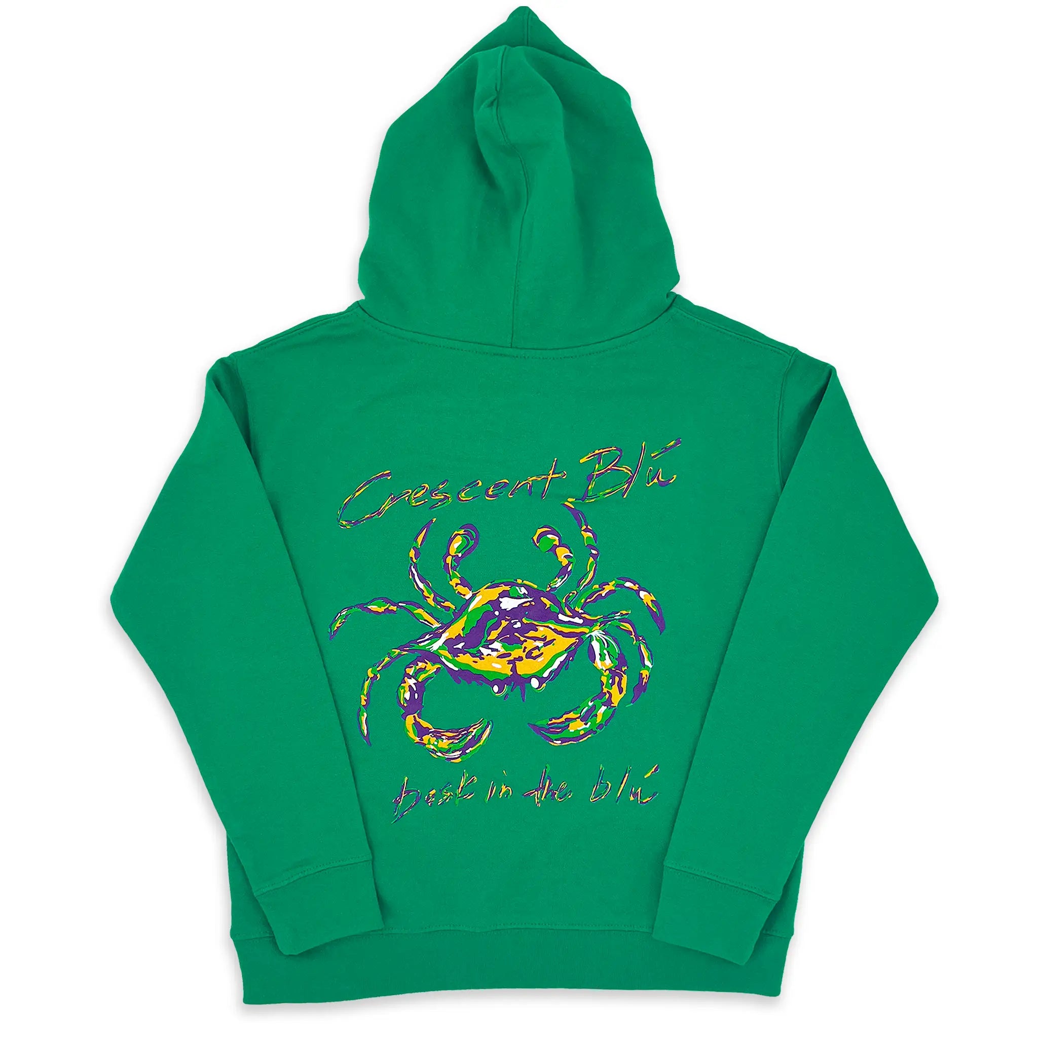 A green kids Mardi Gras hoodie sweatshirt with a Crescent Blu Mardi Gras Crab on the back.