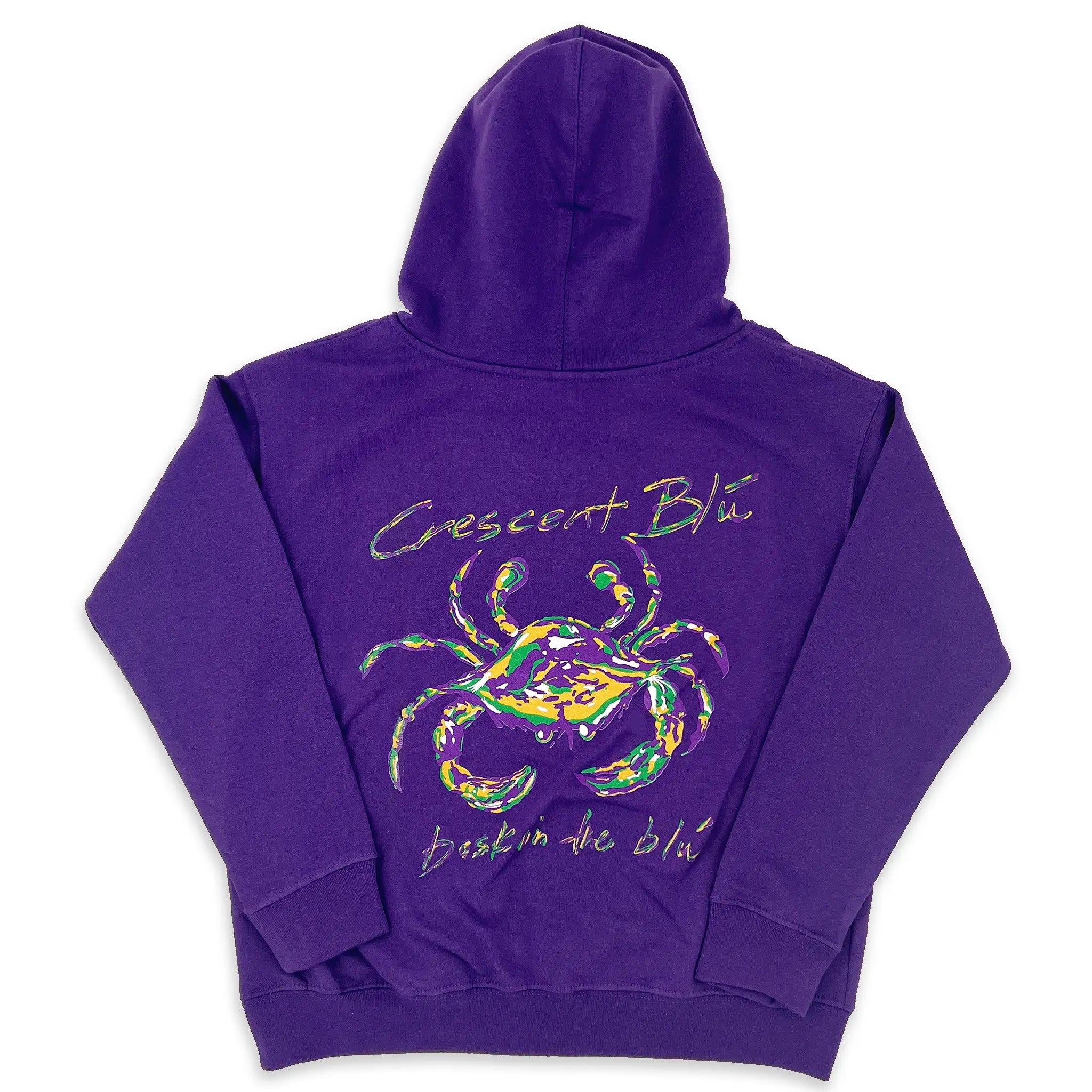 A purple youth Mardi Gras hoodie sweatshirt with a Mardi Gras Crab on the back.