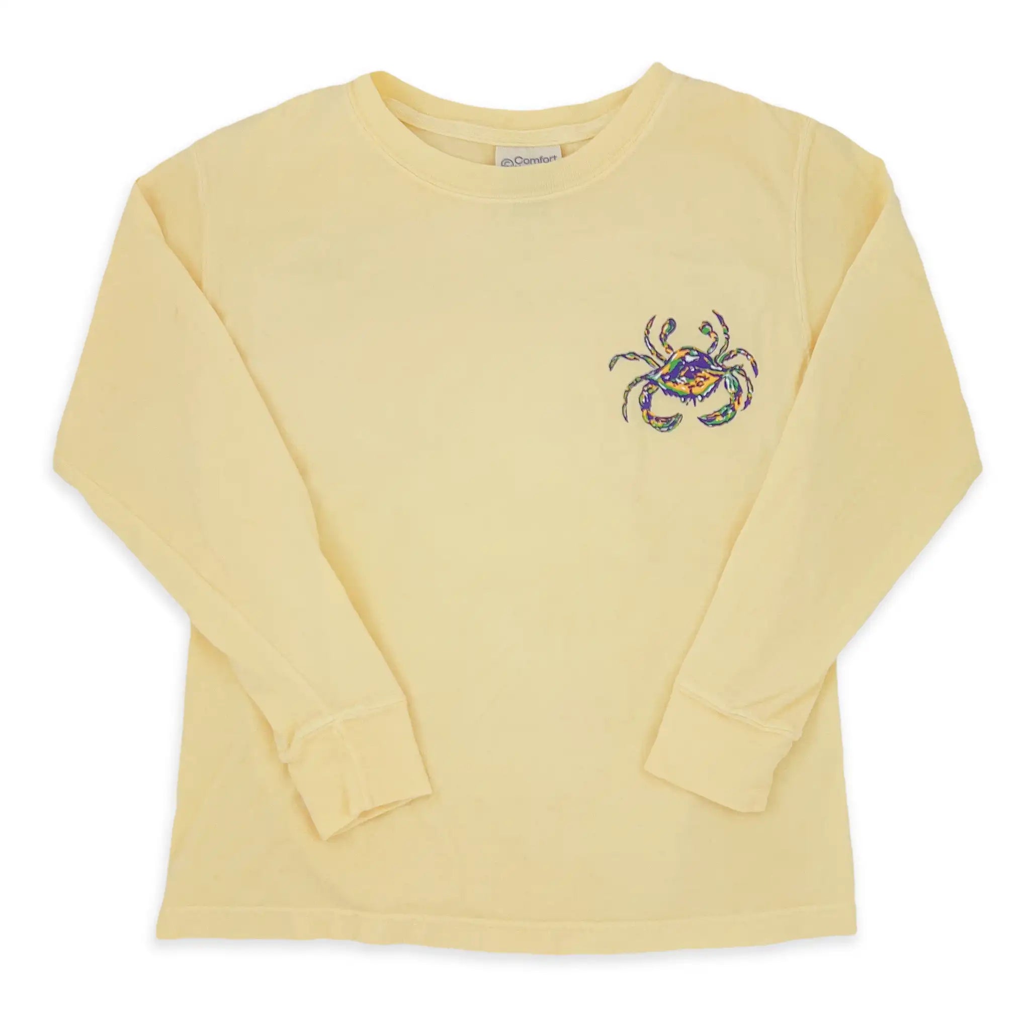 The front of a youth long sleeve yellow mardi gras shirt with a Crescent Blu mardi gras crab on the front. 