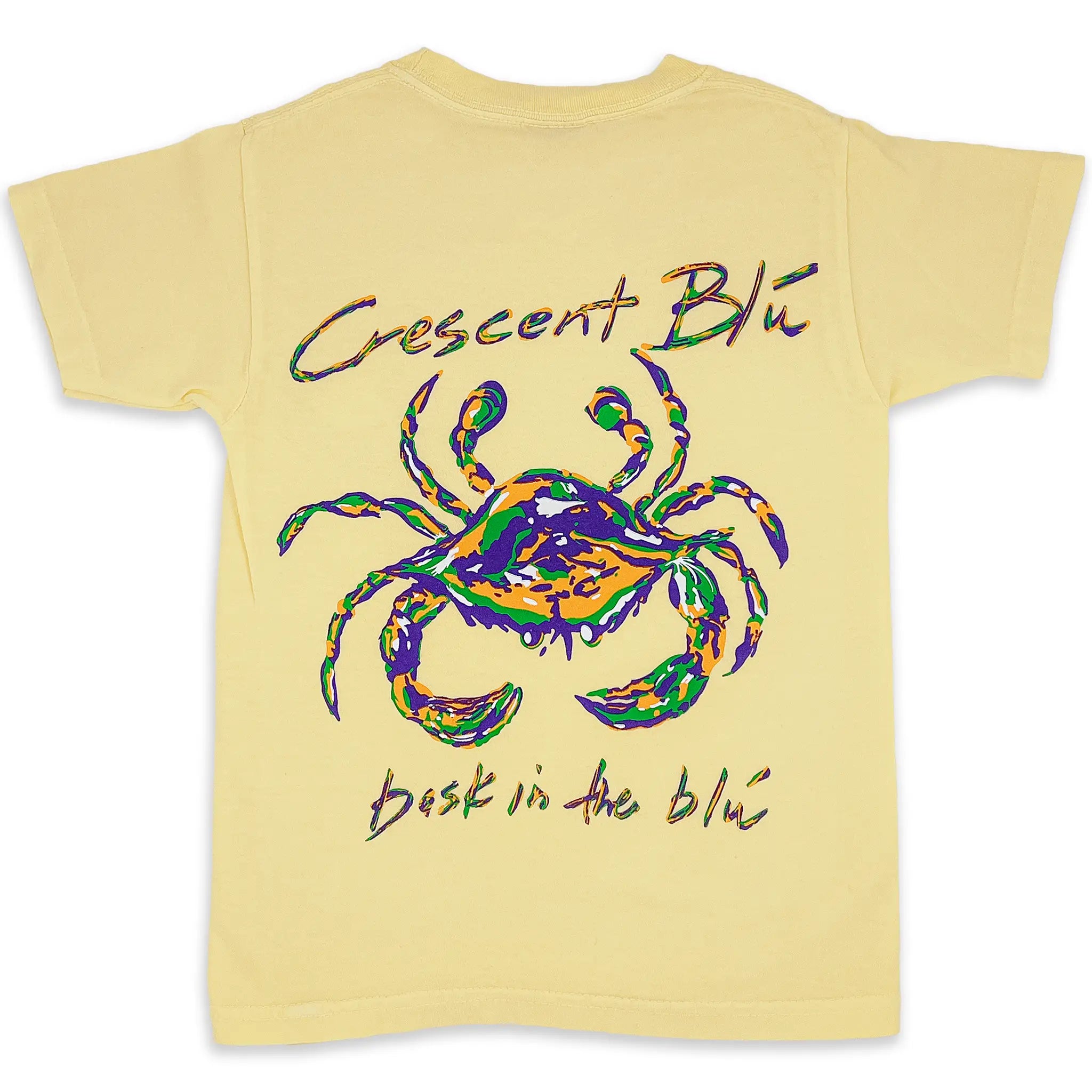 Back of a Butter youth t-shirt featuring the large Crescent Blú Mardi Gras Crab artwork