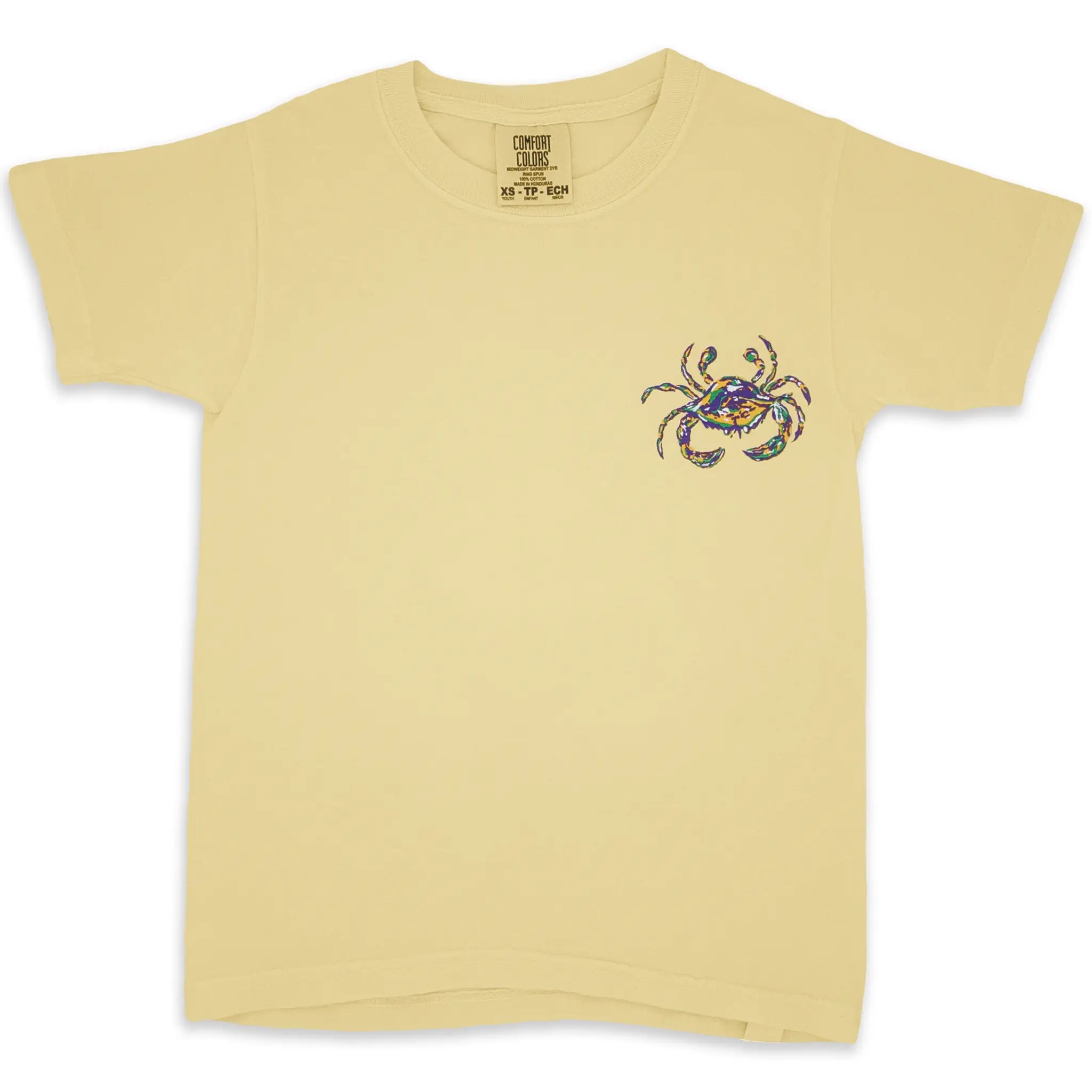 Youth Mardi Gras shirt in Butter with short sleeves and Crescent Blú’s crab logo on the left chest