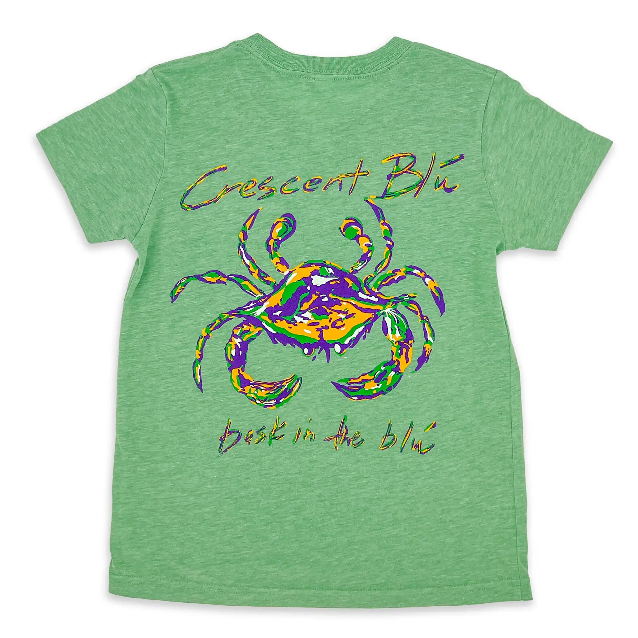 Green tri-blend youth t-shirt with large screen printed Mardi Gras Crab design across the back