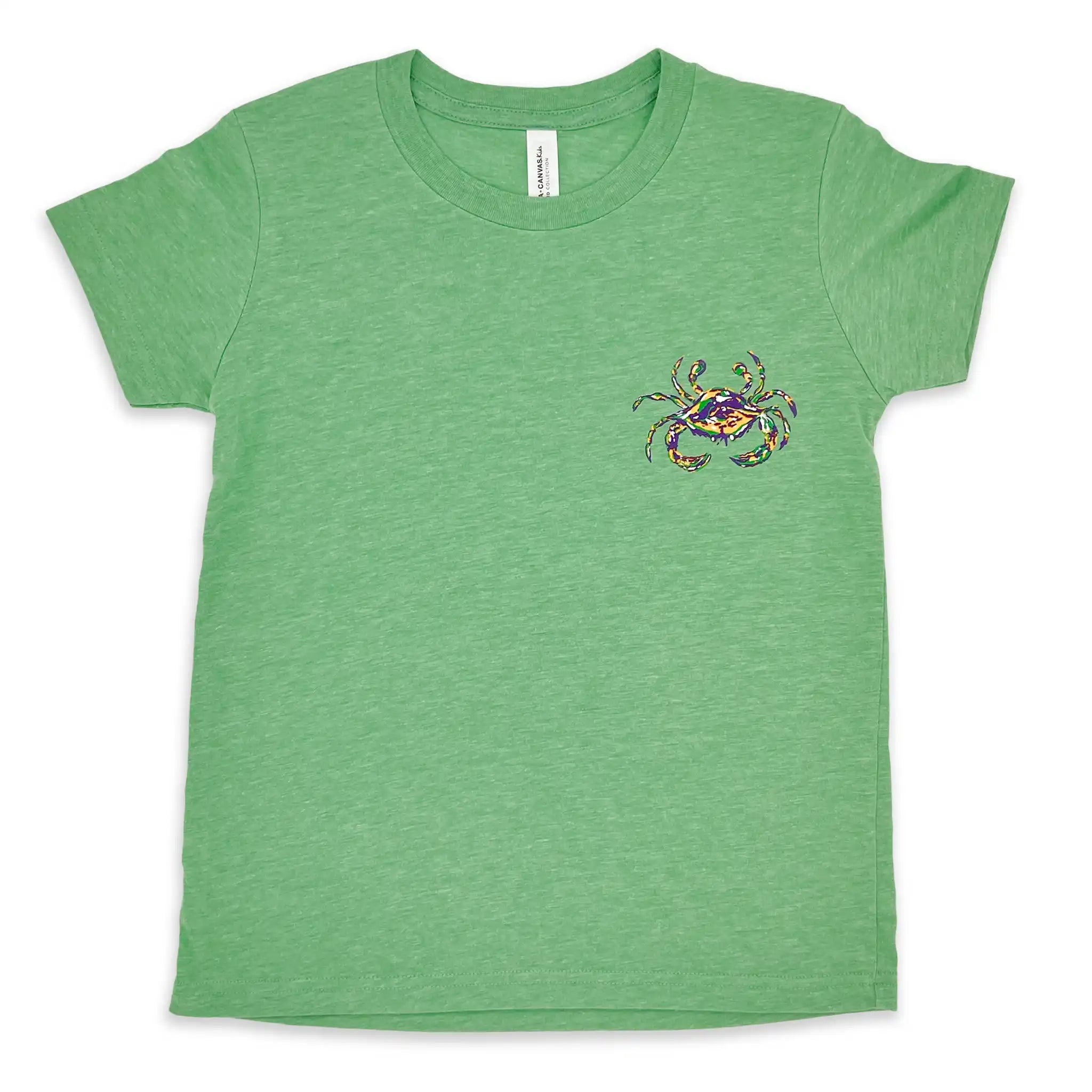 Heathered green tri-blend youth Mardi Gras shirt with short sleeves and Crescent Blú crab logo on the left chest