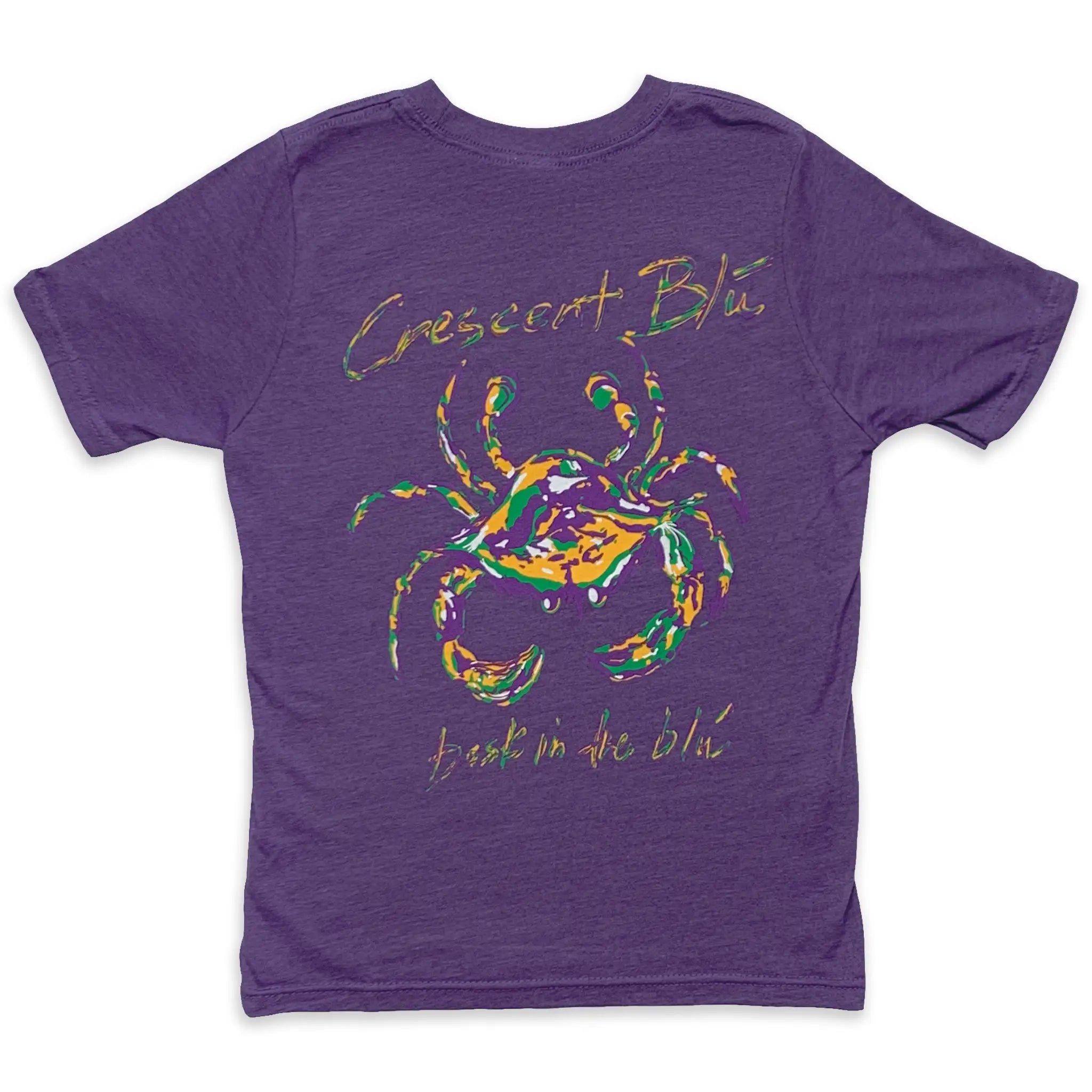Back of a Purple Rush youth t-shirt featuring Crescent Blú’s signature Mardi Gras Crab design