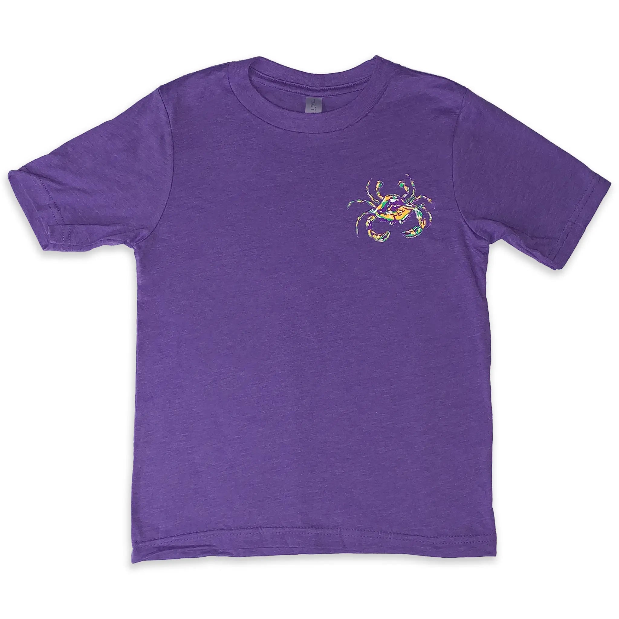 Youth short sleeve Mardi Gras shirt in Purple Rush with Crescent Blú crab on the front left chest