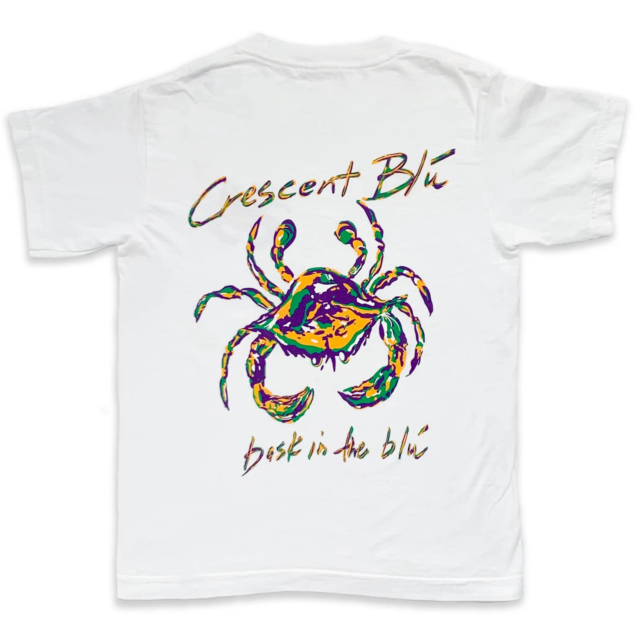 Youth t-shirt in white with Crescent Blú’s full-size Mardi Gras Crab centered on the back