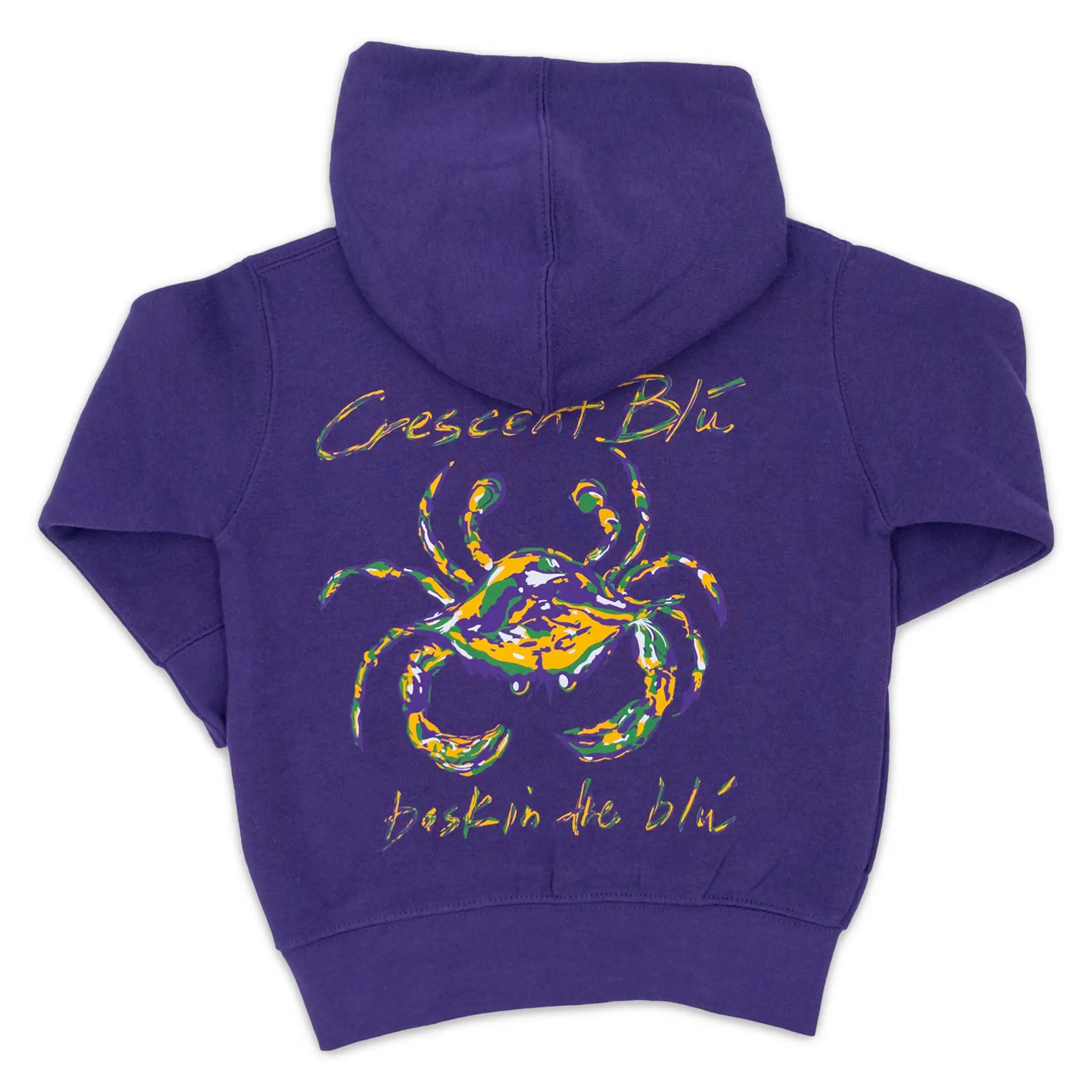 A purple toddler hooded sweatshirt shown from the back, featuring a purple and gold graphic of a crab with the text 'Crescent Blu' in yellow text
