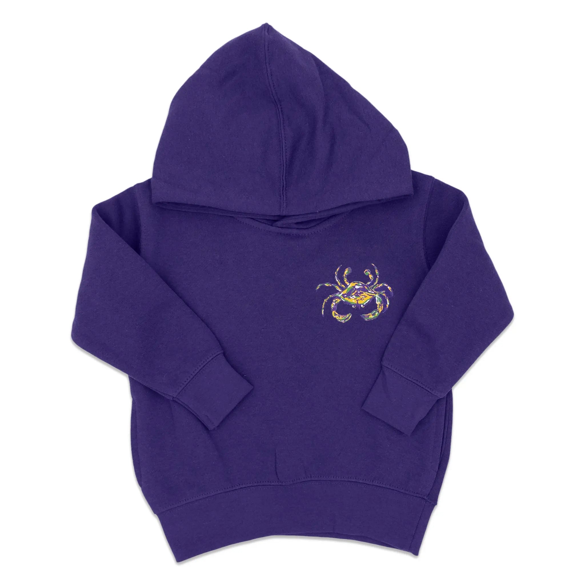 The front of a purple toddler hoodie sweatshirt with a mardi grtas colored crab on the front left chest