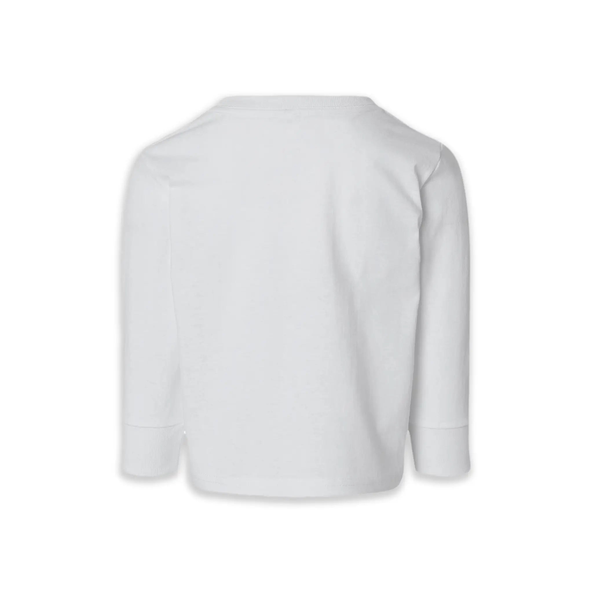 The back of a toddler long sleeve white t-shirt.