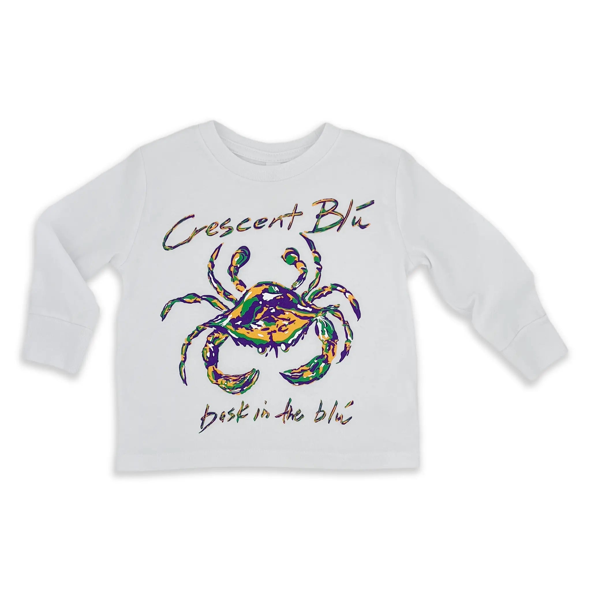 The front of a white long sleeve toddler sized t-shirt with a Mardi Gras colored crab on the front. 