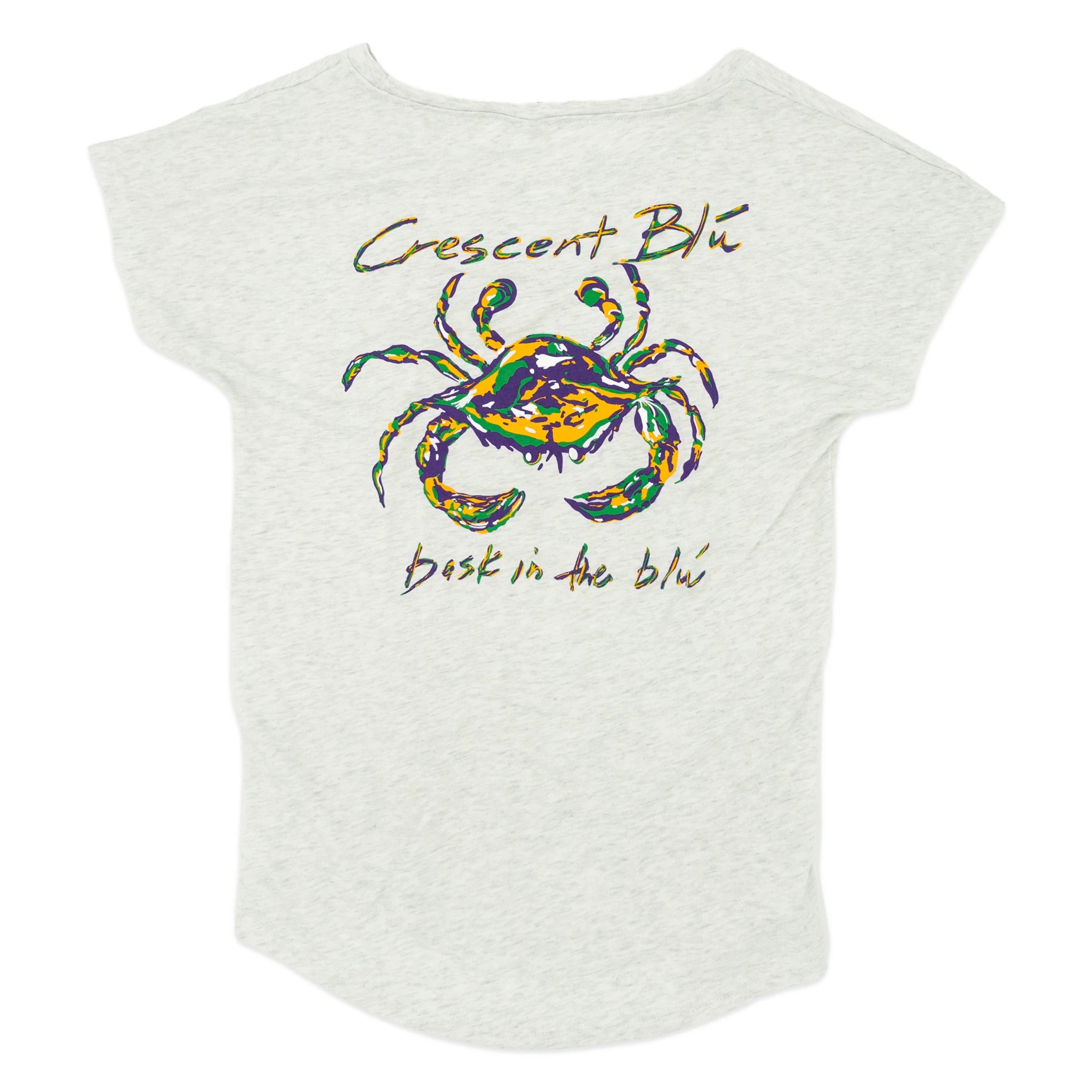 A heather white womens dolman short-sleeve t-shirt with a mardi gras crab  centered on the back