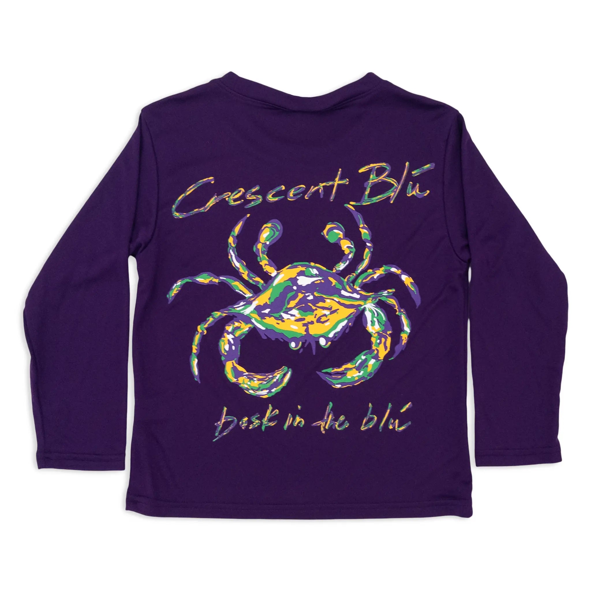 Purple youth long-sleeve t-shirt with the Crescent Blu Mardi Gras Crab logo on the back. 