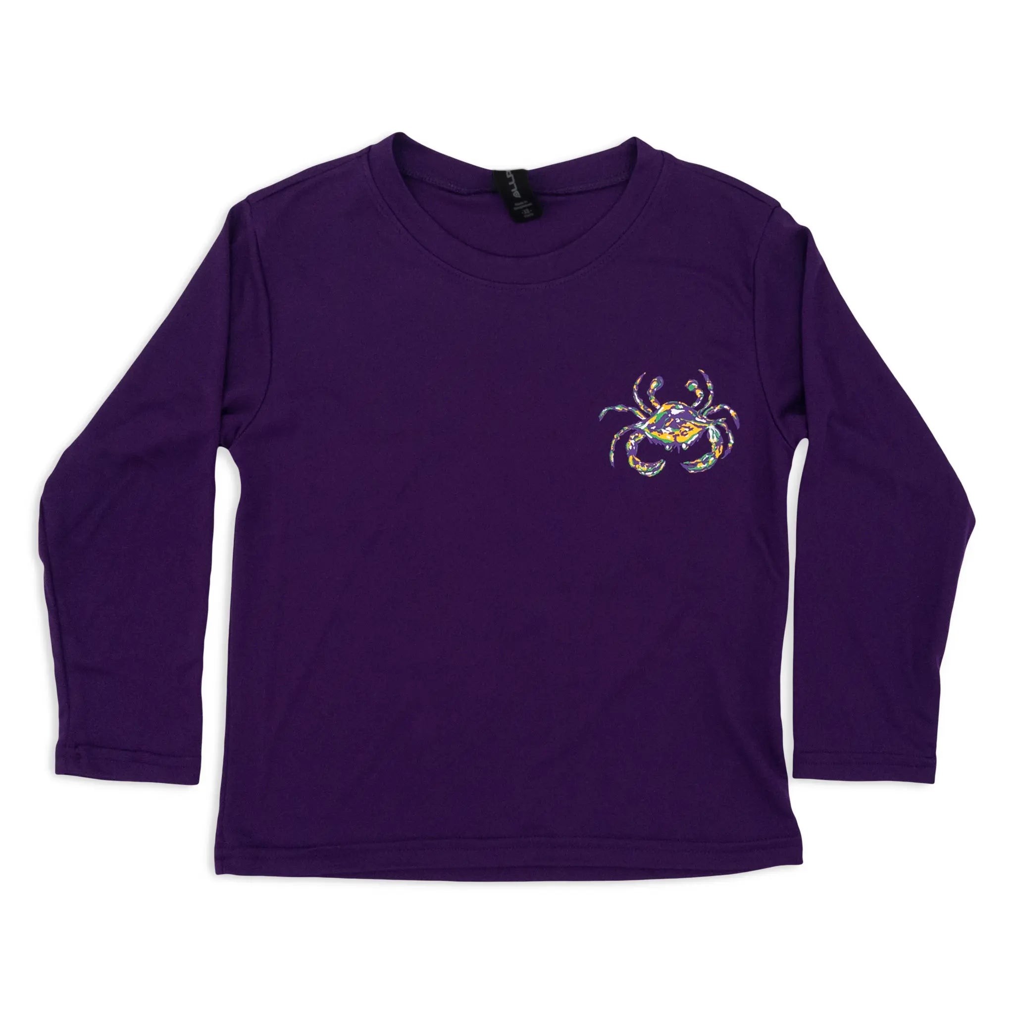 Purple long-sleeve kids shirt with a Mardi Gras crab design on the left chest. 