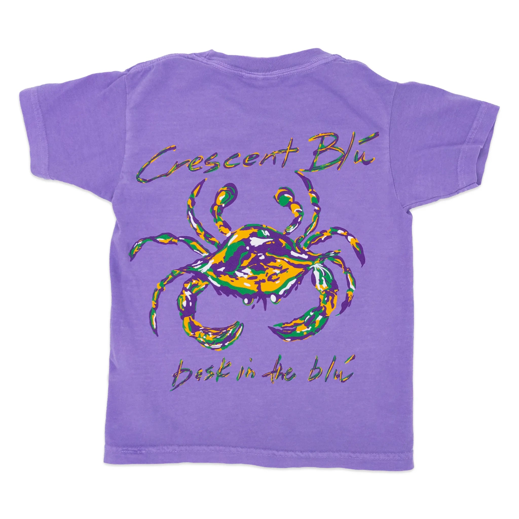The back of a purple youth short-sleeve t-shirt shown flat against a white background, featuring a colorful graphic of a crab in purple, green, gold mardi gras colors