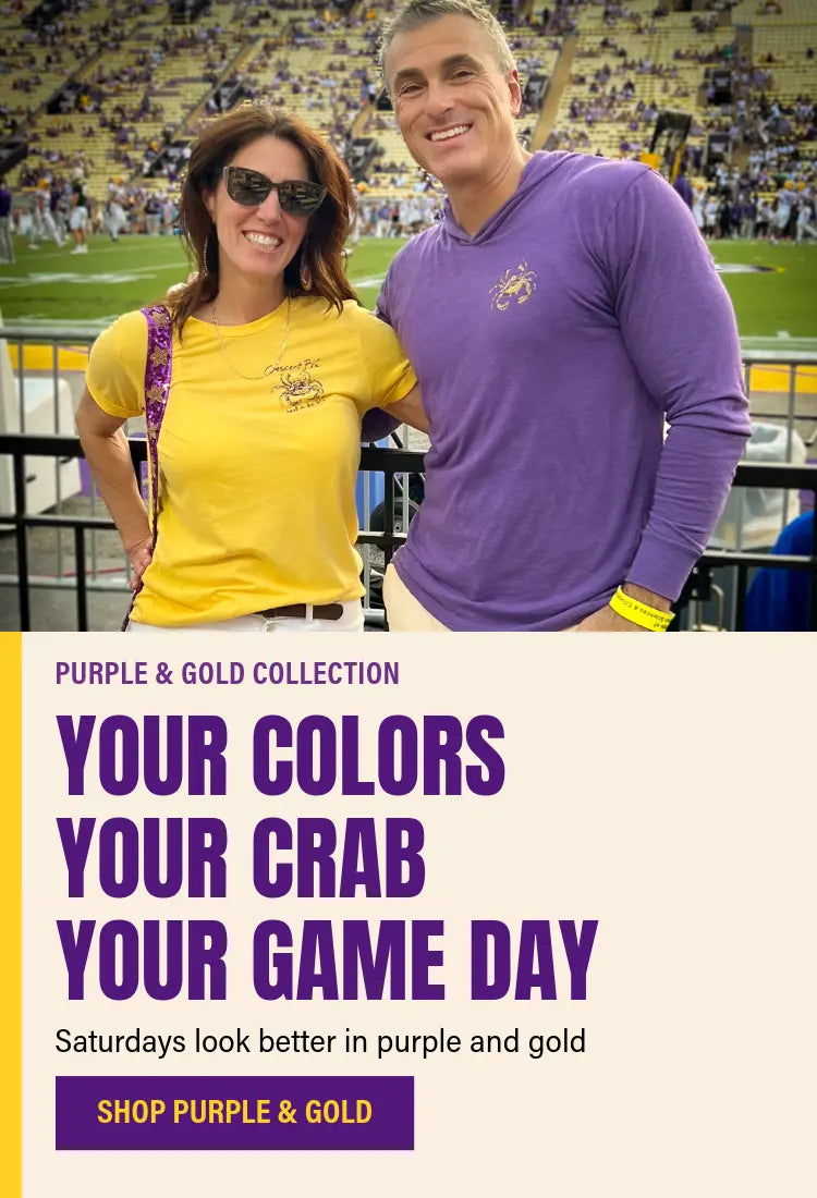 Promotional graphic for the Purple & Gold collection, featuring a man and woman at a stadium wearing team colors. The top half shows them in a stadium, with the woman in a yellow shirt and the man in a purple long-sleeve shirt.